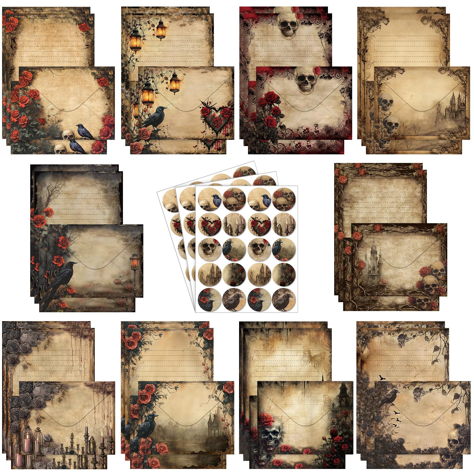 TaoBary 160 Pcs Stationery Paper Set 50 Double Sided Stationery Papers with 50 Matching Envelopes and 60 Round Dot Sticker, 10 Design(Gothic Style,