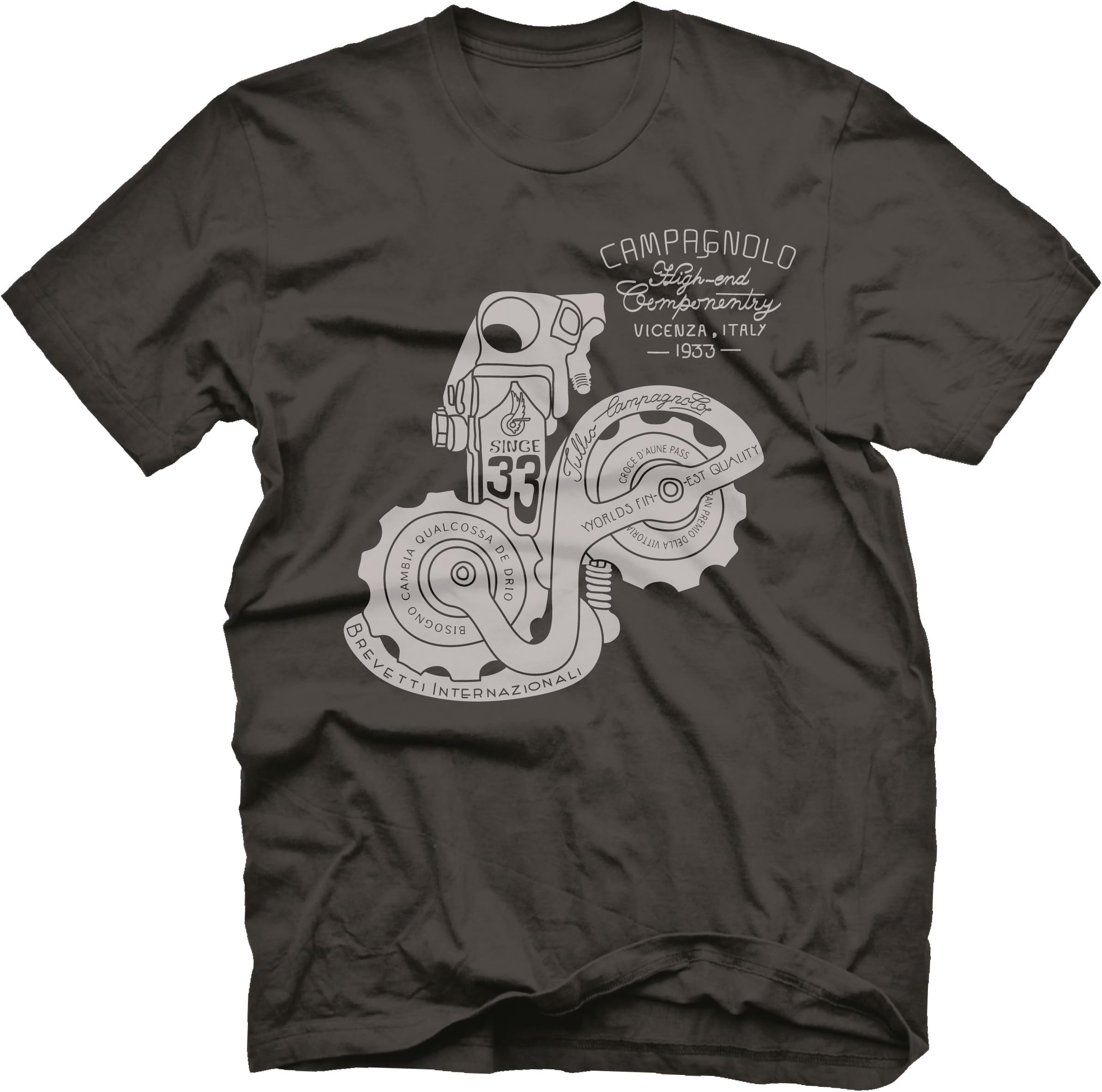 Endurance Conspiracy Mens Cycling T-Shirt (Inspired by Campagnolo) campy '33" by Heather Black, Crew Neck