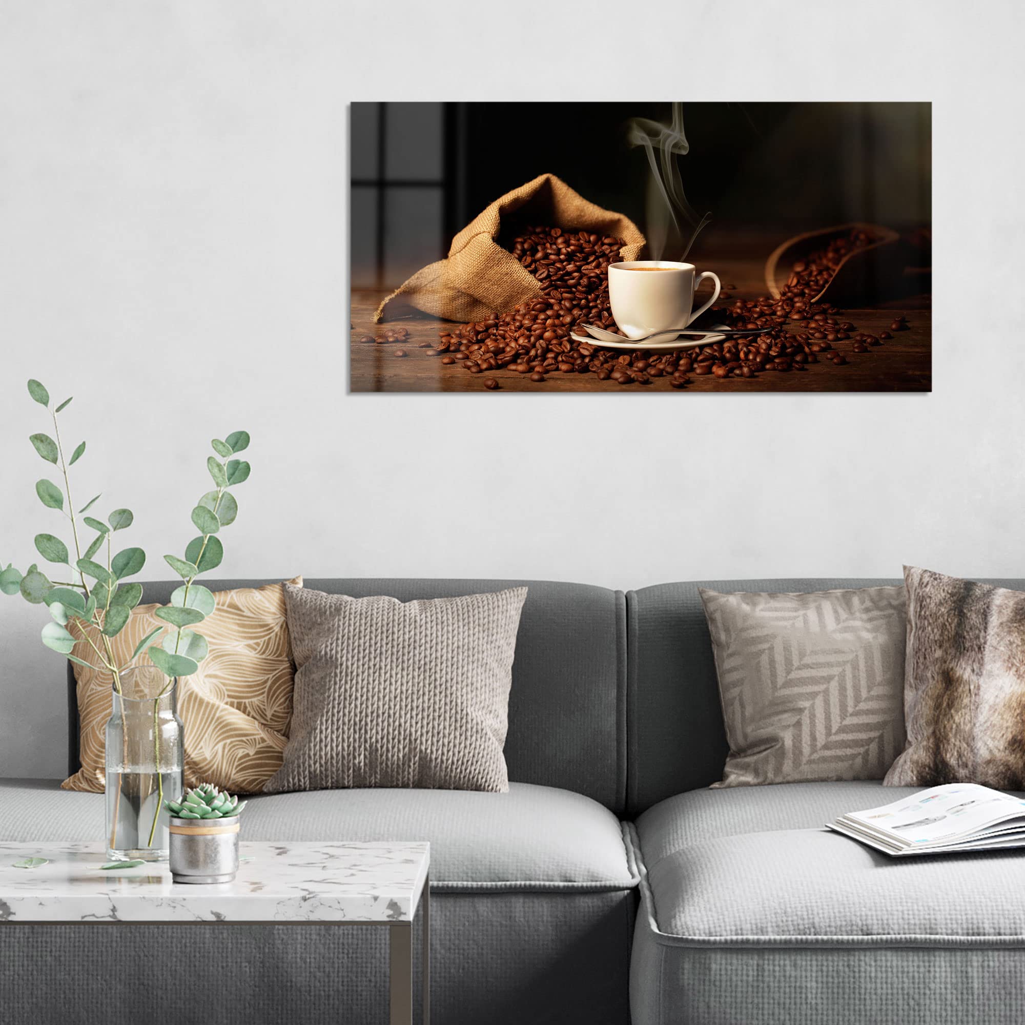 DEQORI Obraz na szkle z prawdziwego szkła | motyw filiżanki do kawy z ziarnami | poziomo jednoczęściowy 100 x 50 cm | piękna dekoracja | obraz ścienny do salonu, sypialni, korytarza i kuchni | nowoczesna dekoracja ścienna