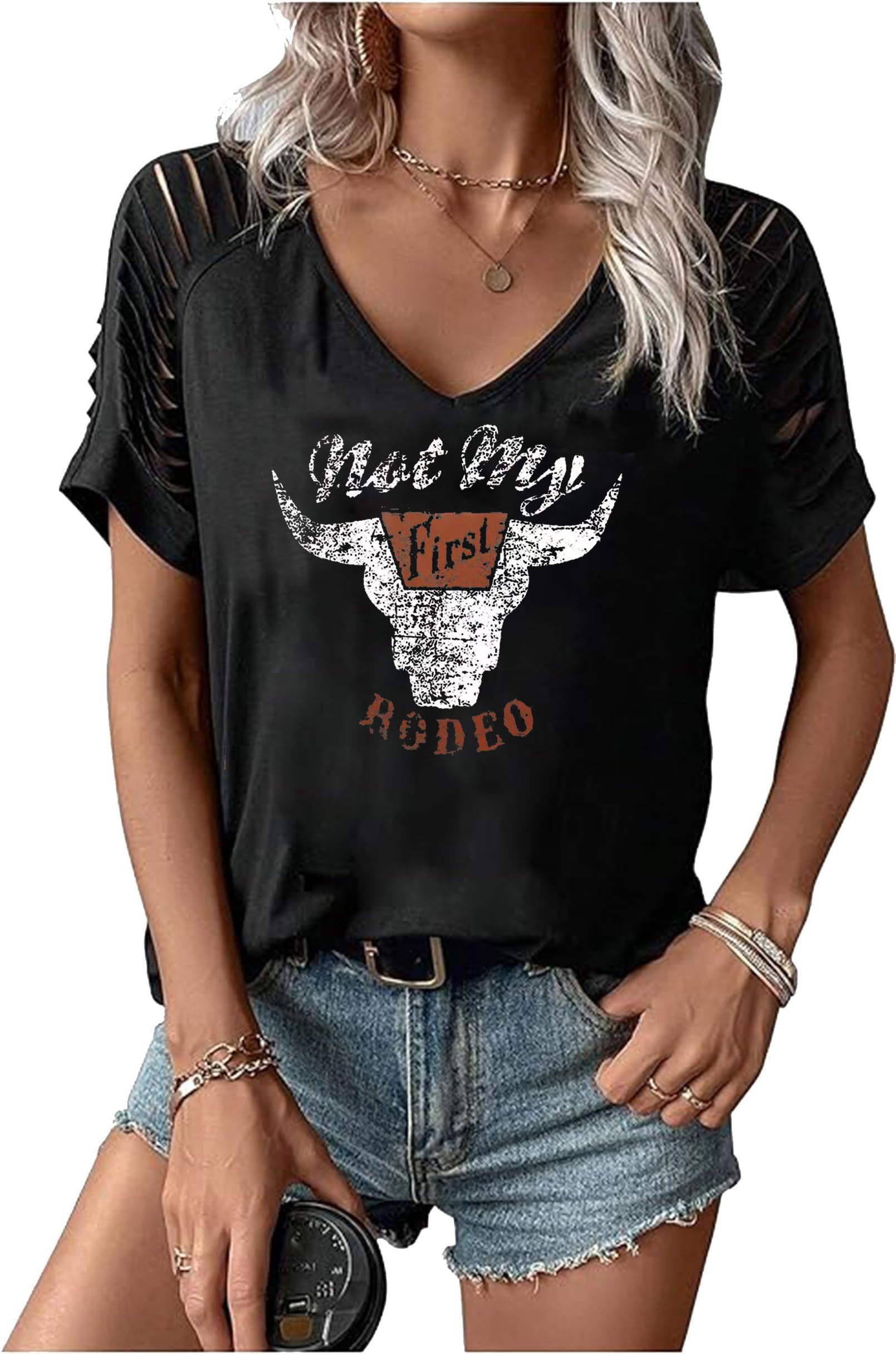 Women's Cut Out V Neck T-Shirts Boho Floral Graphic Tee Summer Cold Shoulder Short Sleeve…