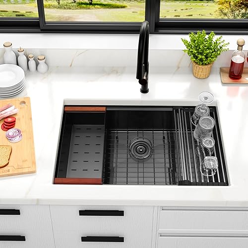 Miniatura 3 de LQS Fregadero de Cocina Empotrado Negro, Fregadero de Estación de Trabajo de Cocina Empotrado de 32 Pulgadas con Línea de Drenaje en Forma de X,