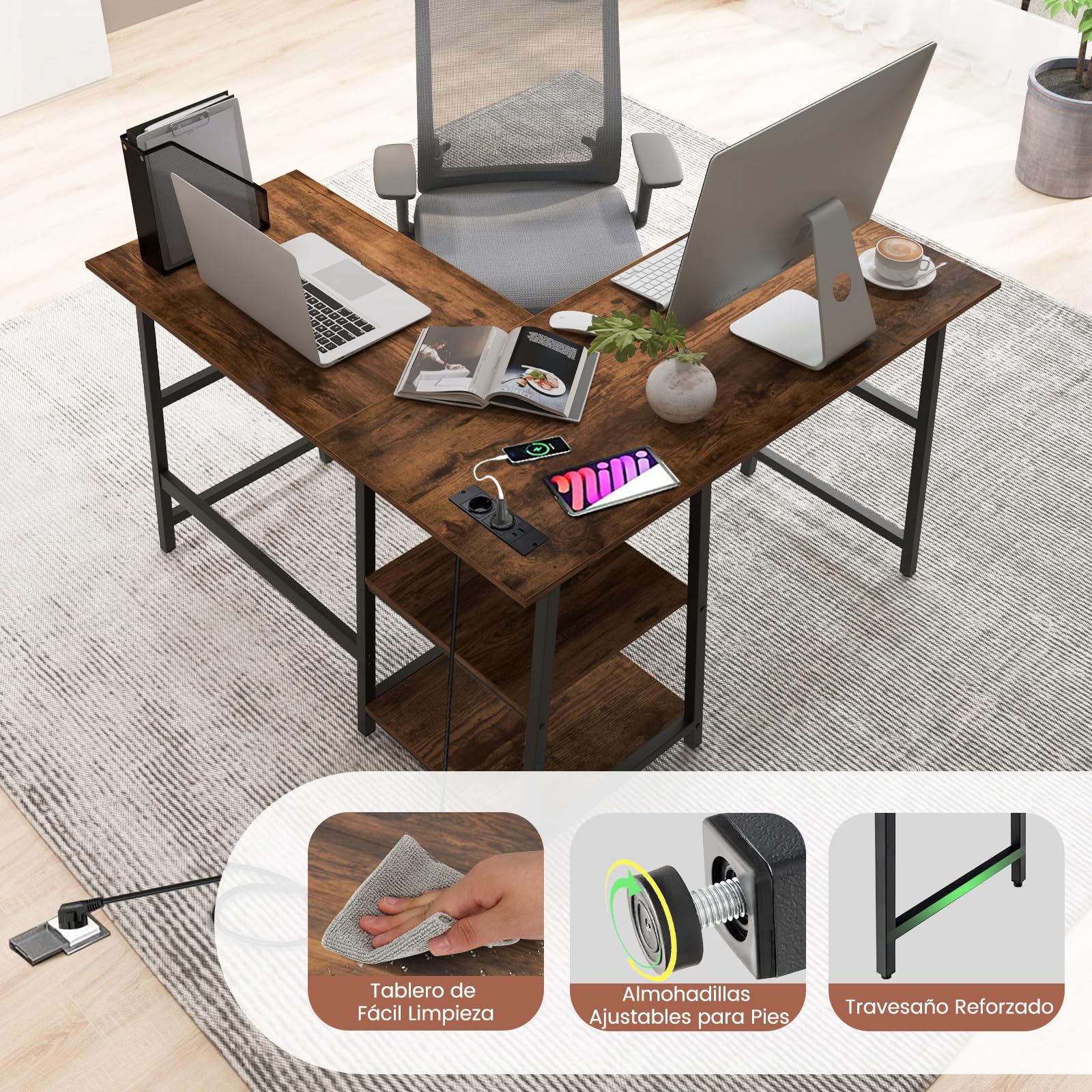 COSTWAY Escritorio Esquinero 120 x 120cm, Tomas de Corriente y Puertos USB, Escritorio en L con 2 Estantería, Estructura de Metal, Mesa Gaming L Oficina Casa (café)