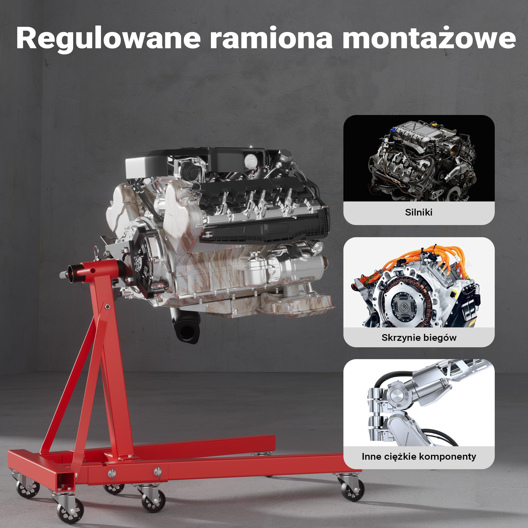 Wiltec Stojak do silnika do 900 kg, warsztatowy podnośnik stalowy z rolkami, obrotowy uchwyt do montażu naprawy i serwisu jednostek napędowych