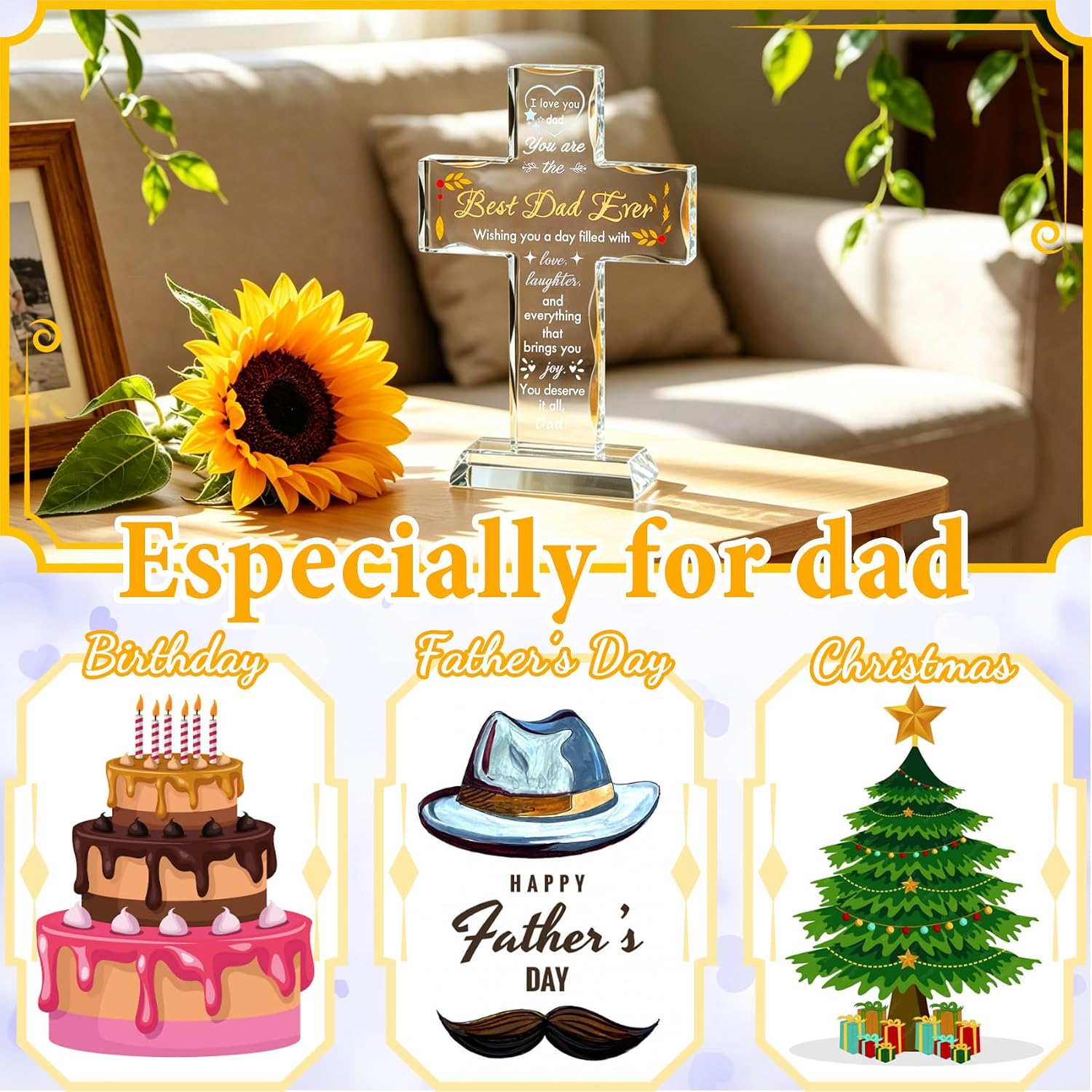 YWHL Glass Cross Birthday Gift for Dad from Daughter, Best Dad Ever Gifts | Dad Gifts for Fathers Day Christmas, Laser Engraving Cross Father Present, Gift for Dad Who Wants Nothing