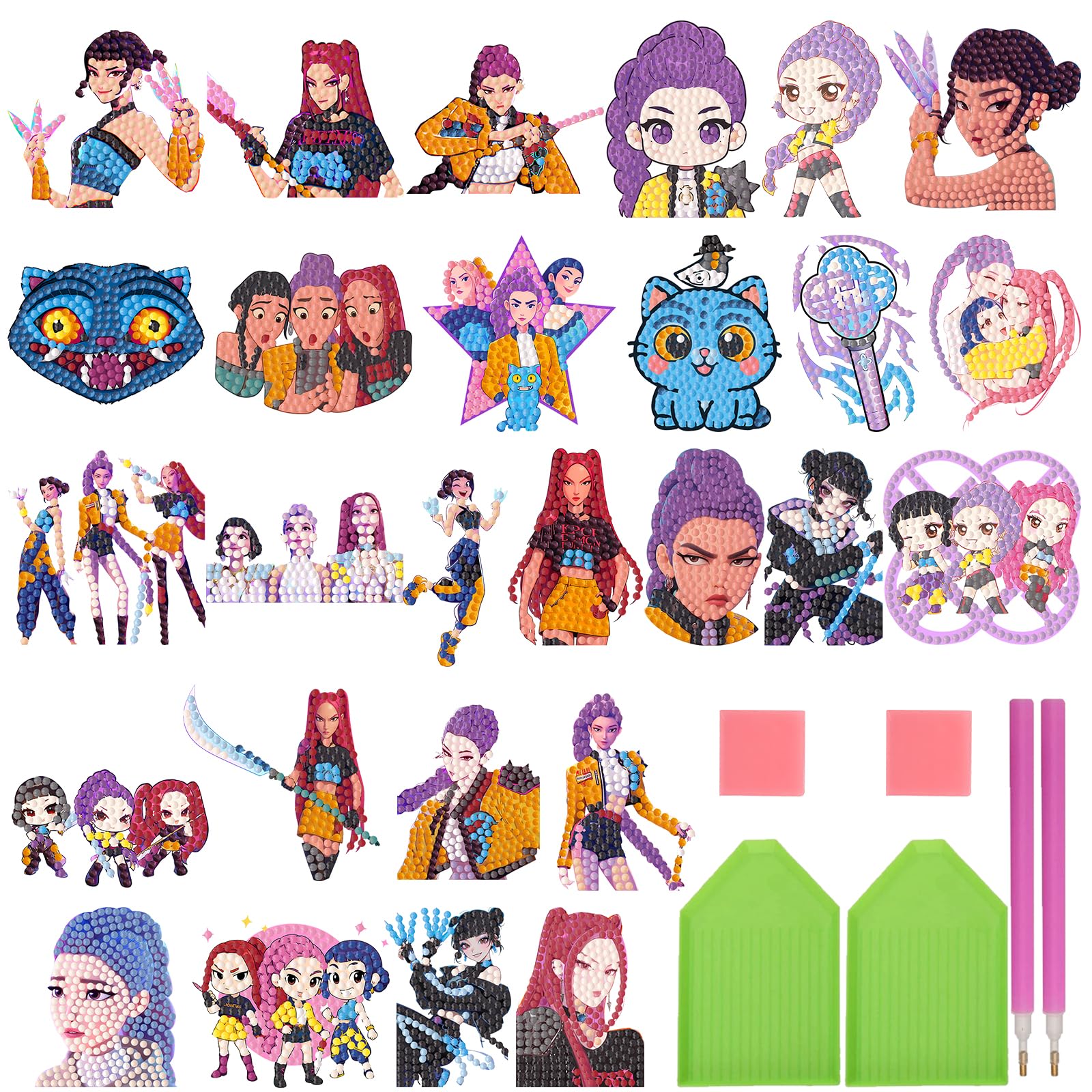 COQOYO Huntrix Diamond Painting Kinder Sticker Set, 27pcs Demon-Hunters 5D Diamantmalerei Bilder, Anime Mini Diamant Aufkleber, Kleine DIY Mosaik Basteln Kit für Mädchen Teenager Erwachsene Anfänger