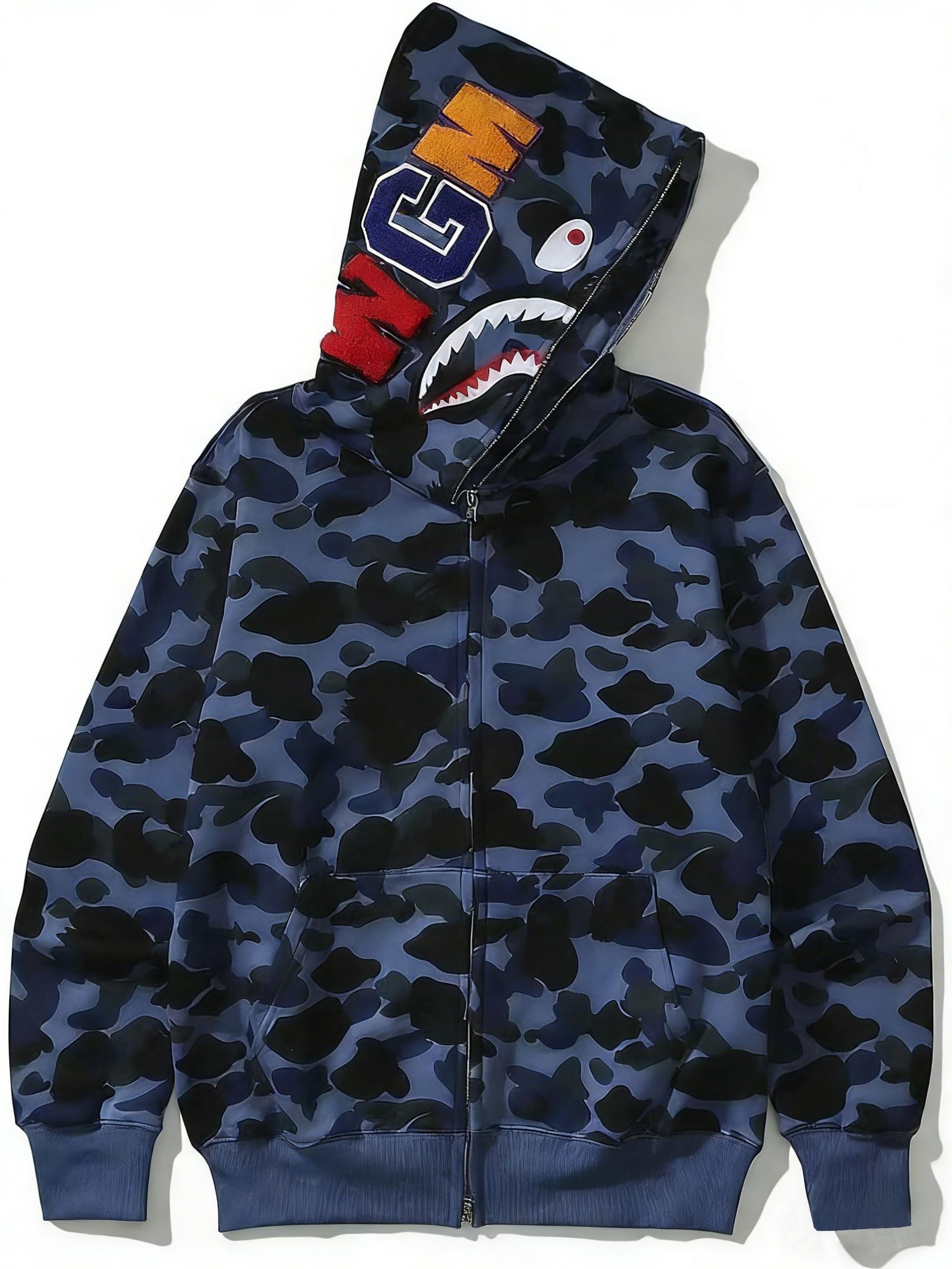 Unisex Camouflage Hoodie with Shark Embroidery, Full Zip, Lightweight Couple sweatshirts heavyweight hoodie