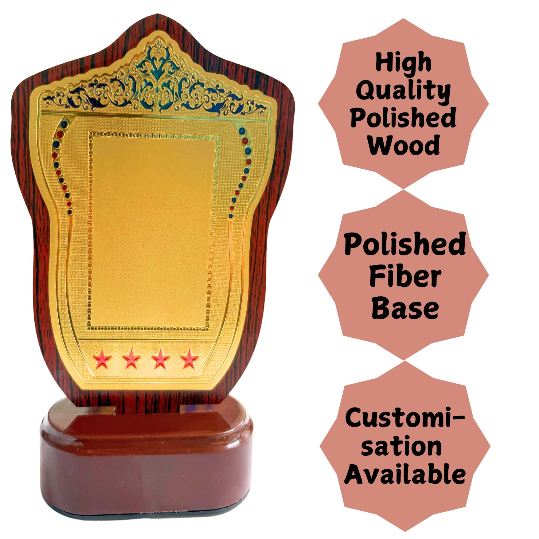 Engraved Design Shinning Wooden Trophy Shield Plaque with Gold Plate and Stars, Traditional Design, Logo Printing, Writings & Customisation Available (Set of 5 Trophies, Small (6 inches)) 3