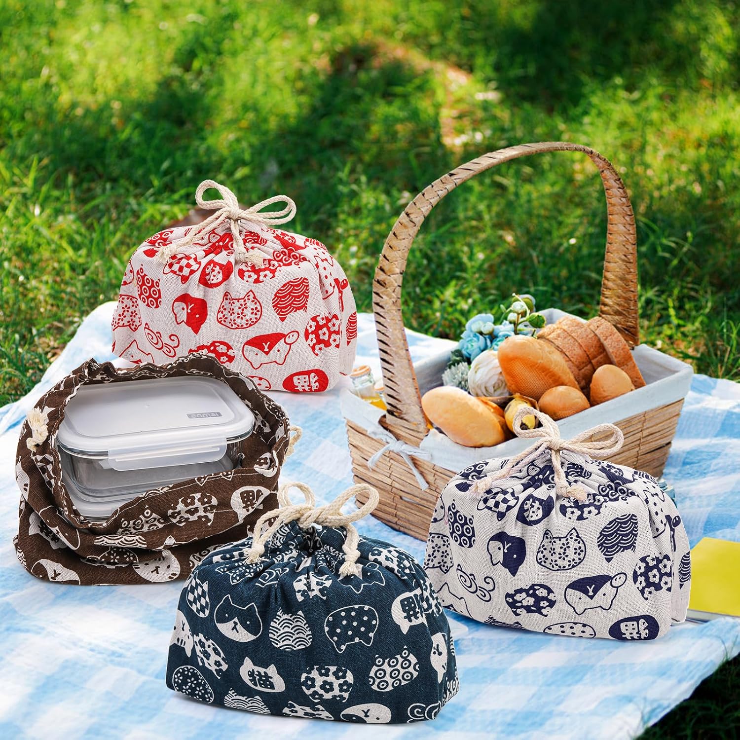 Youeon 4 Colors Japanese Cat Lunch Bags, Double Cotton Linen Lunch Tote Pouch with Drawstring Closure, Reusable Cute Storage Bags for Office, Picnic, School, Travel - Image 7