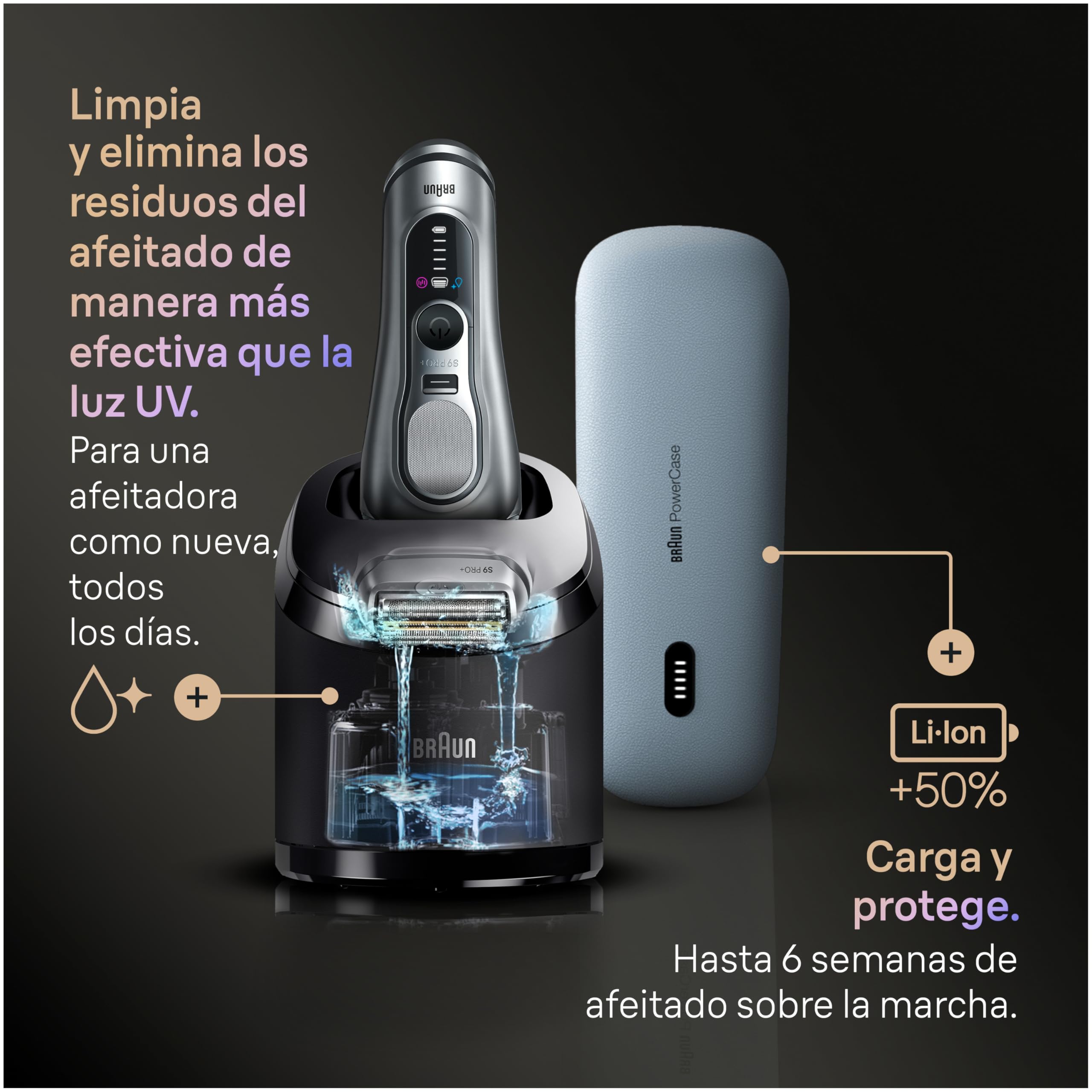Braun Afeitadora Eléctrica Hombre Series 9 Pro+, Máquina de Afeitar Barba en Seco Y en Mojado con Tecnología 5+1, Inalámbrica, 60 Min de Uso, Centro de Limpieza, Estuche de Carga, 9677CCE, Plata
