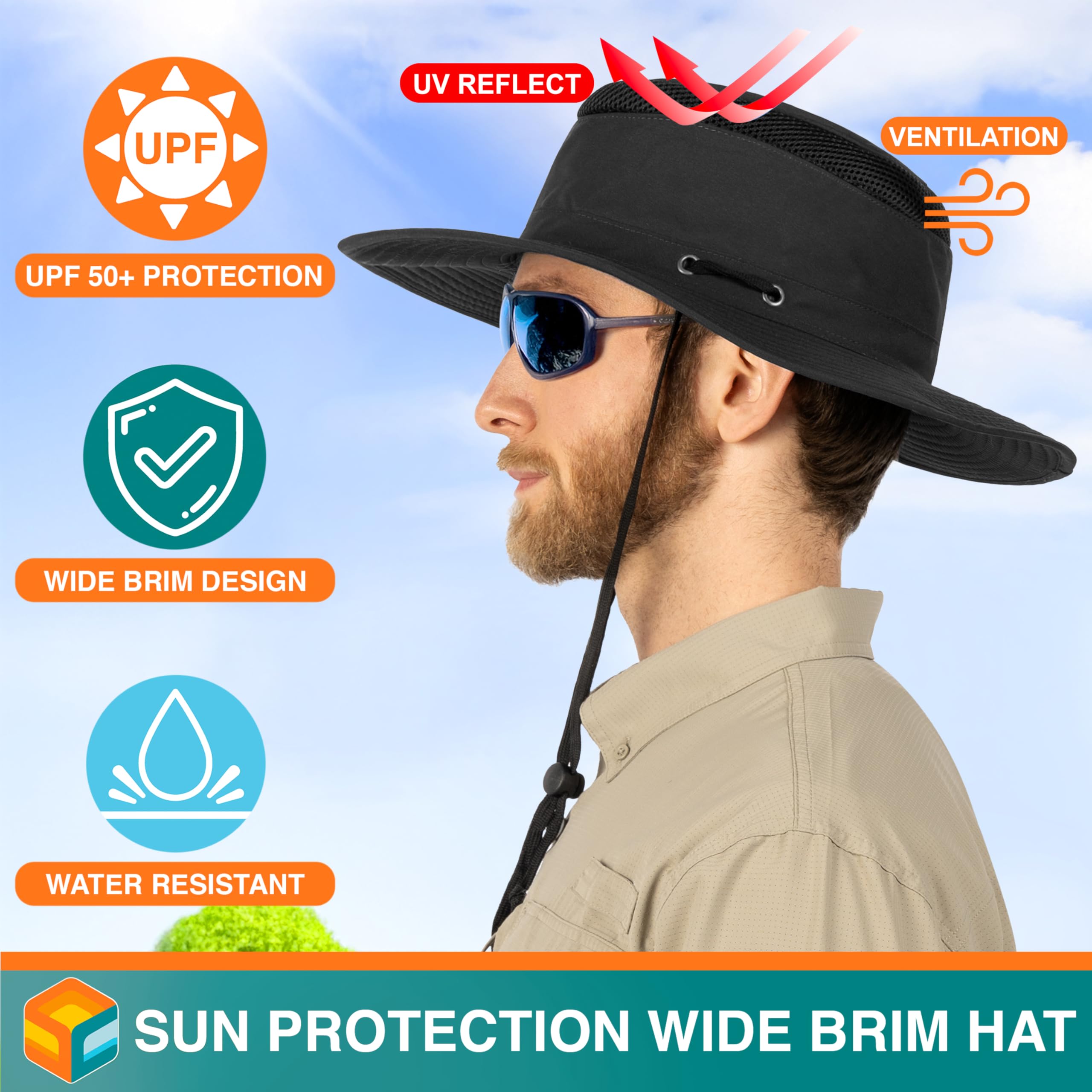 SUN CUBE Wide Brim Sun Hat for Men Women, Sun Protection UV Hat, Safari Hiking Boonie Hat