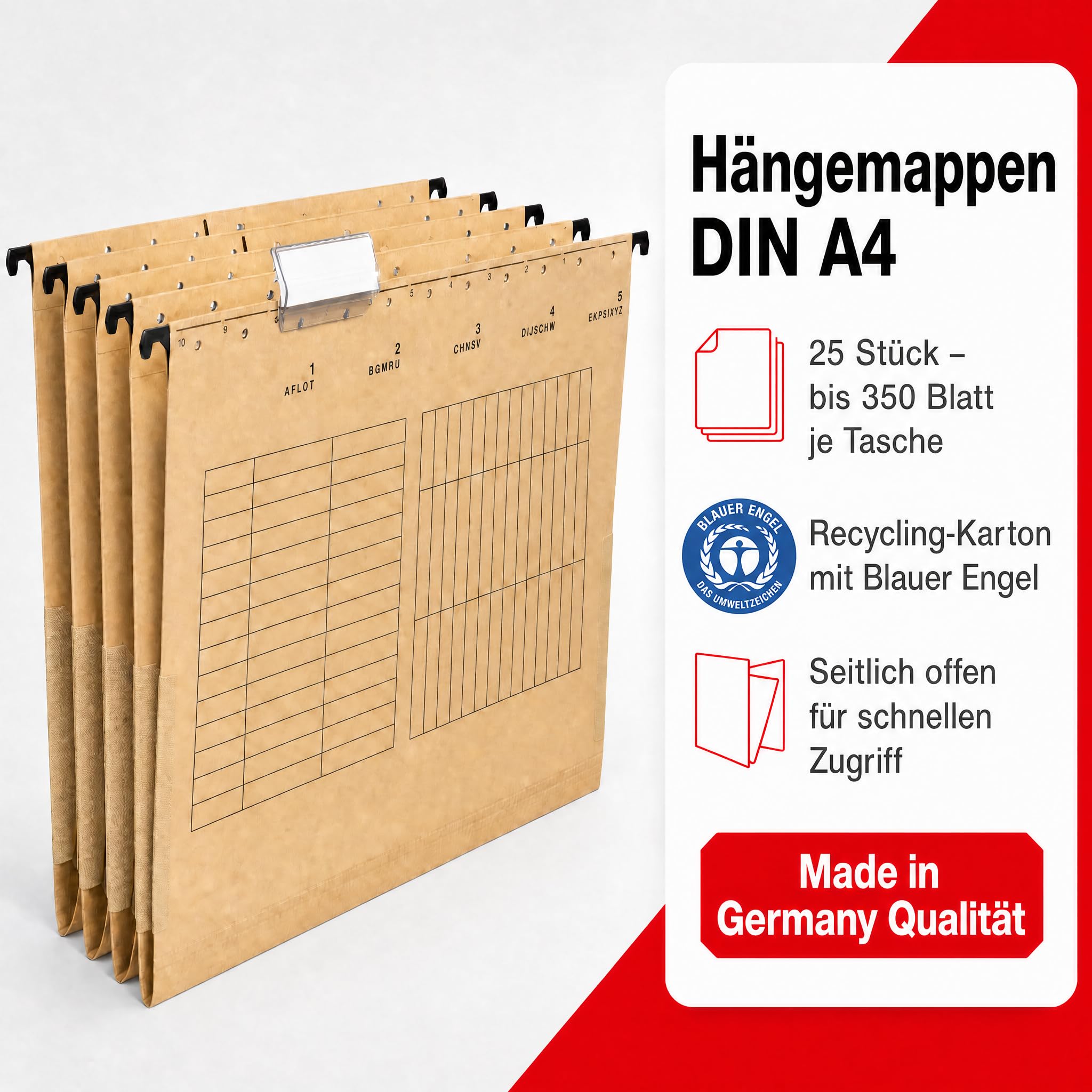Bolsas colgantes DIN A4 25 unidades – Carpeta colgante marrón de cartón reciclado – 350 hojas – Carpeta colgante estable – Ángel azul – Fabricado en Alemania Conipa