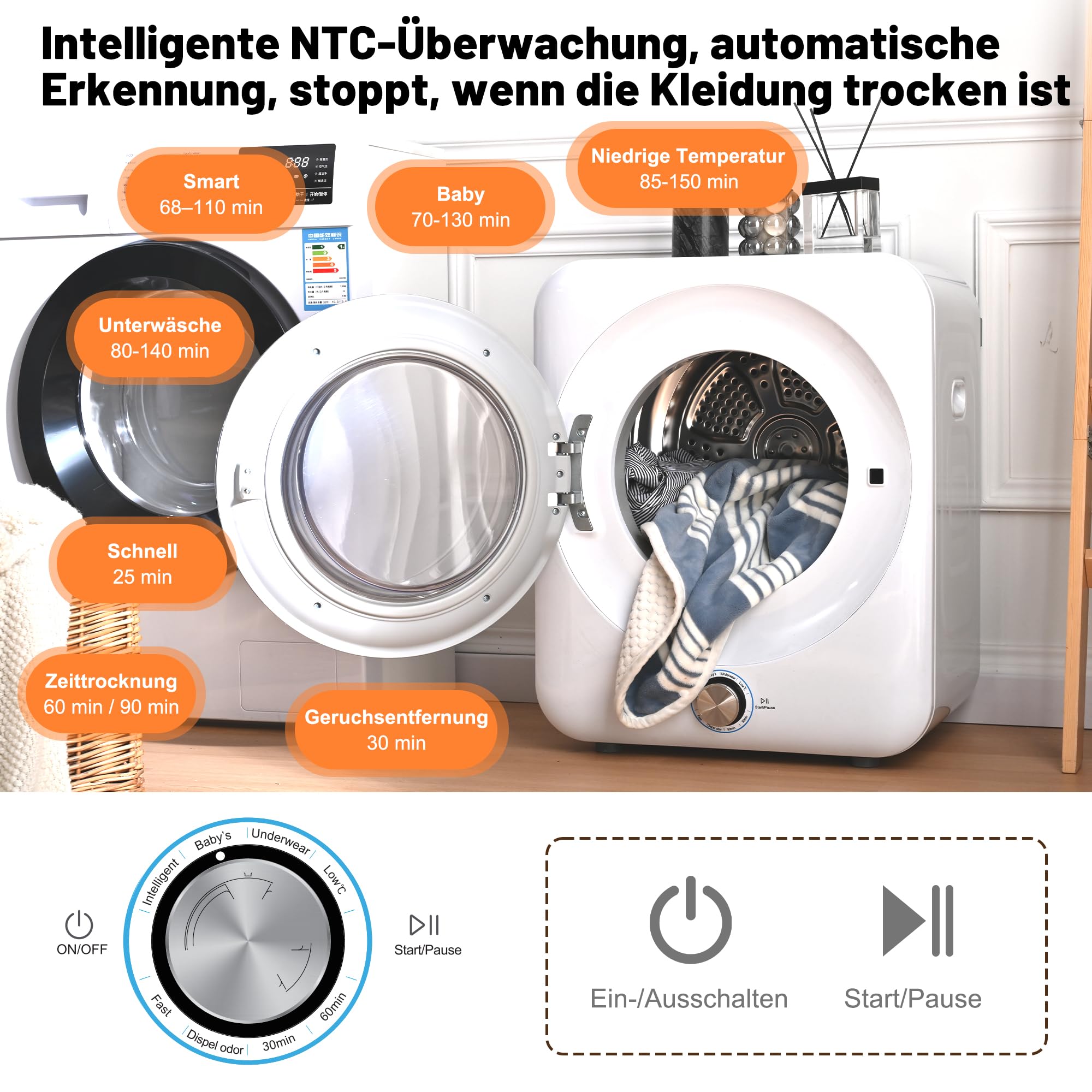 Merax Mini asciugatrice da 3 kg, 1350 W, con 8 programmi e sensore NTC, 65 dB, silenzioso, montaggio a parete, doppio filtro senza materiale di consumo, 53,5 × 42 × 65 cm, bianco