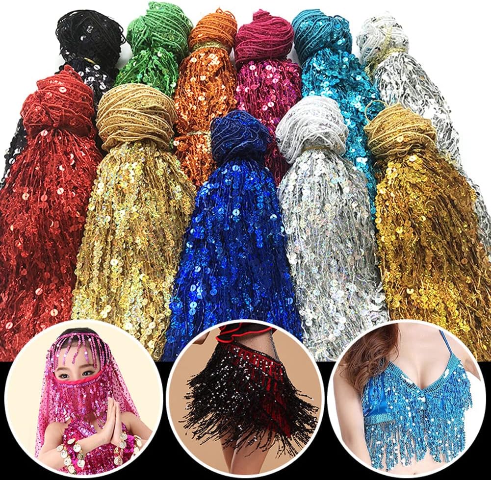 ECYC Ltd 6.5 Yards Sequin Fringe Trim Holographic Sequin Fringe Glitter Sequins Lace Tassel Fringe Trim Sewing Fringe Trim for Sewing Latin Dress Clothing Party Costume Curtain Crafts, 11.8" Wide