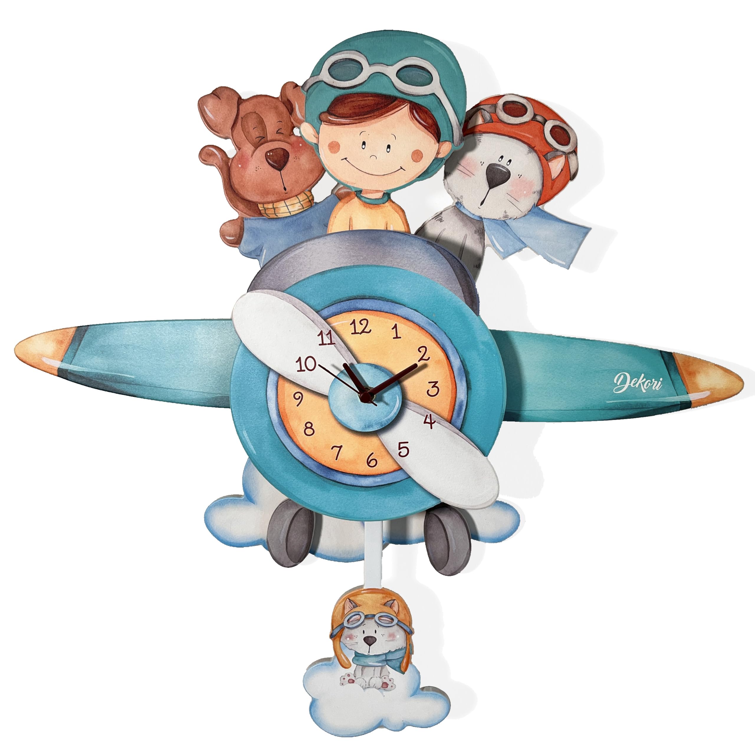 DEKORI Orologio da parete a pendolo bambini in legno – Aeroplano con aviatore e cagnolini – Silenzioso, decorazione cameretta, podotto artigianale, fatto a mano, Made in Italy