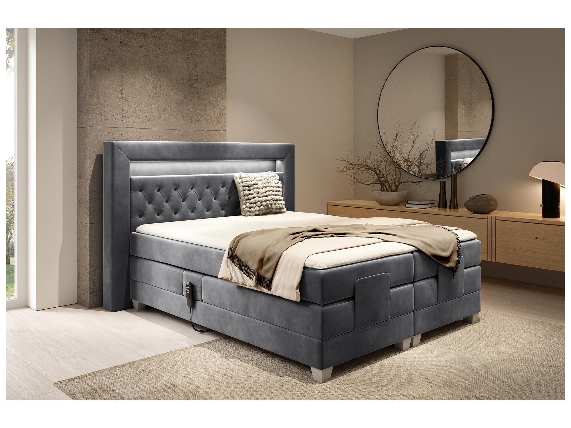 MEBLINI Boxspringbett Elektrisch Verstellbar mit LED - Gepolstert Doppelbett mit Matratzen und Toppers - Polsterbett - Bett mit Kopfteil - SANTORE - 120x200 - H3/Dunkelgrau Samt