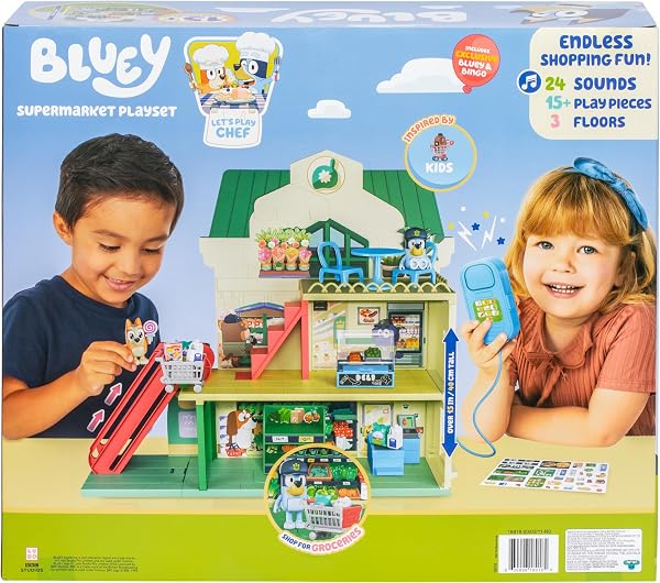 Bluey Supermarket Playset, 3 Different Levels With Exclusive Bluey and Bingo Figures. Includes Working Escalator, 24 Sounds and 15+ Play Pieces Plus Fun Intercom, Over 40cm (15") Tall. - 4