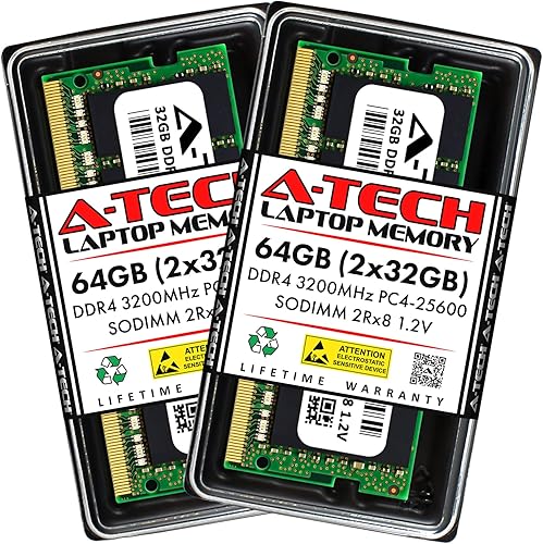 A-Tech 64 GB (2 x 32 GB) DDR4 3200 MHz SODIMM PC4-25600 (PC4-3200AA) CL22 2Rx8 Non-ECC Laptop Módulos de memoria RAM