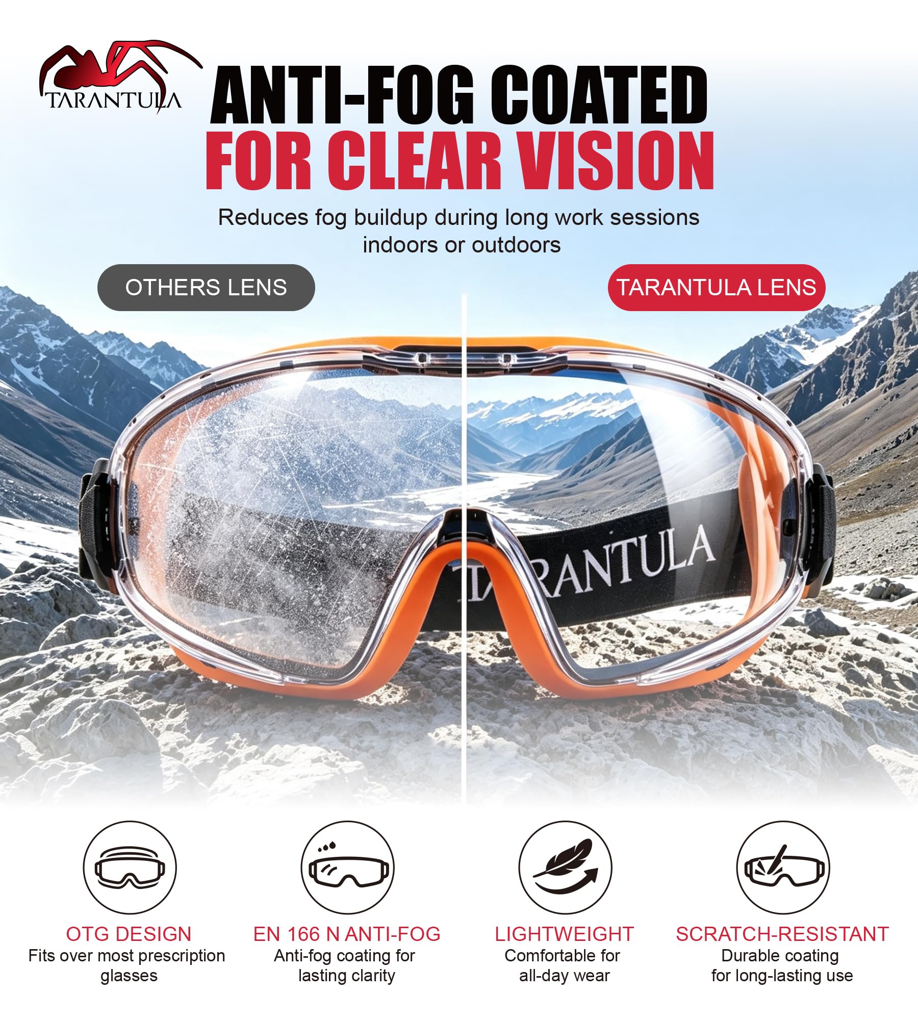 Tarantula ANSI Z87.1+ - Gafas de seguridad sobre gafas, lentes UV380 antivaho y antiarañazos, correa ajustable, protección ocular de alto impacto para laboratorio, carpintería y bricolaje
