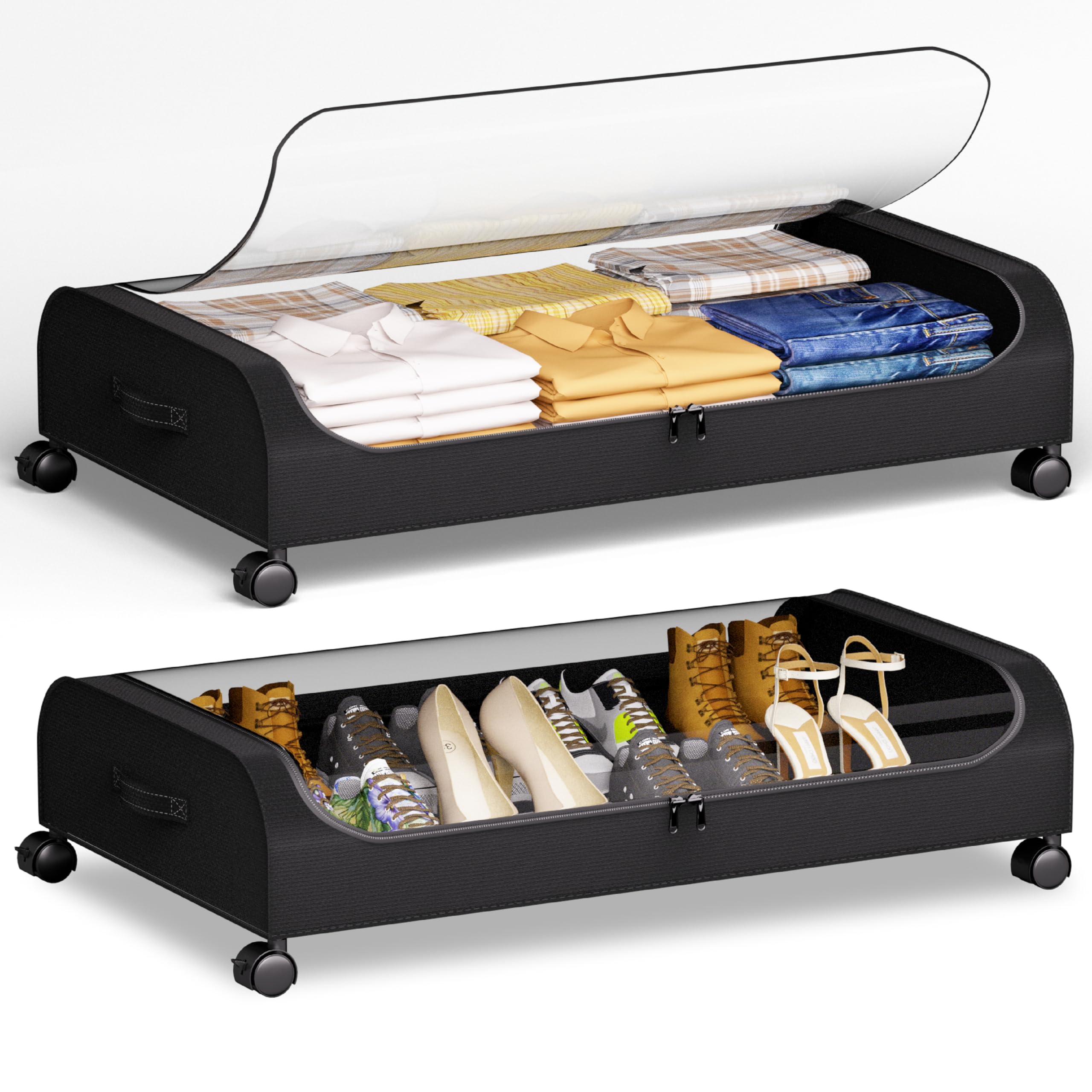 Yeebonix Under Bed Storage with Wheels, 2 Pack Curved Containers, 60L Under The Bed Storage Bins, Rolling Metal Drawer for Clothes, Blankets, Shoes - Black