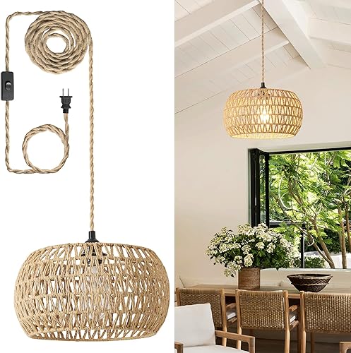 Lámpara colgante bohemia de ratán de 12.6 pulgadas, tela tejida a mano natural, enchufable a la toma de pared, interruptor de encendidoapagado para