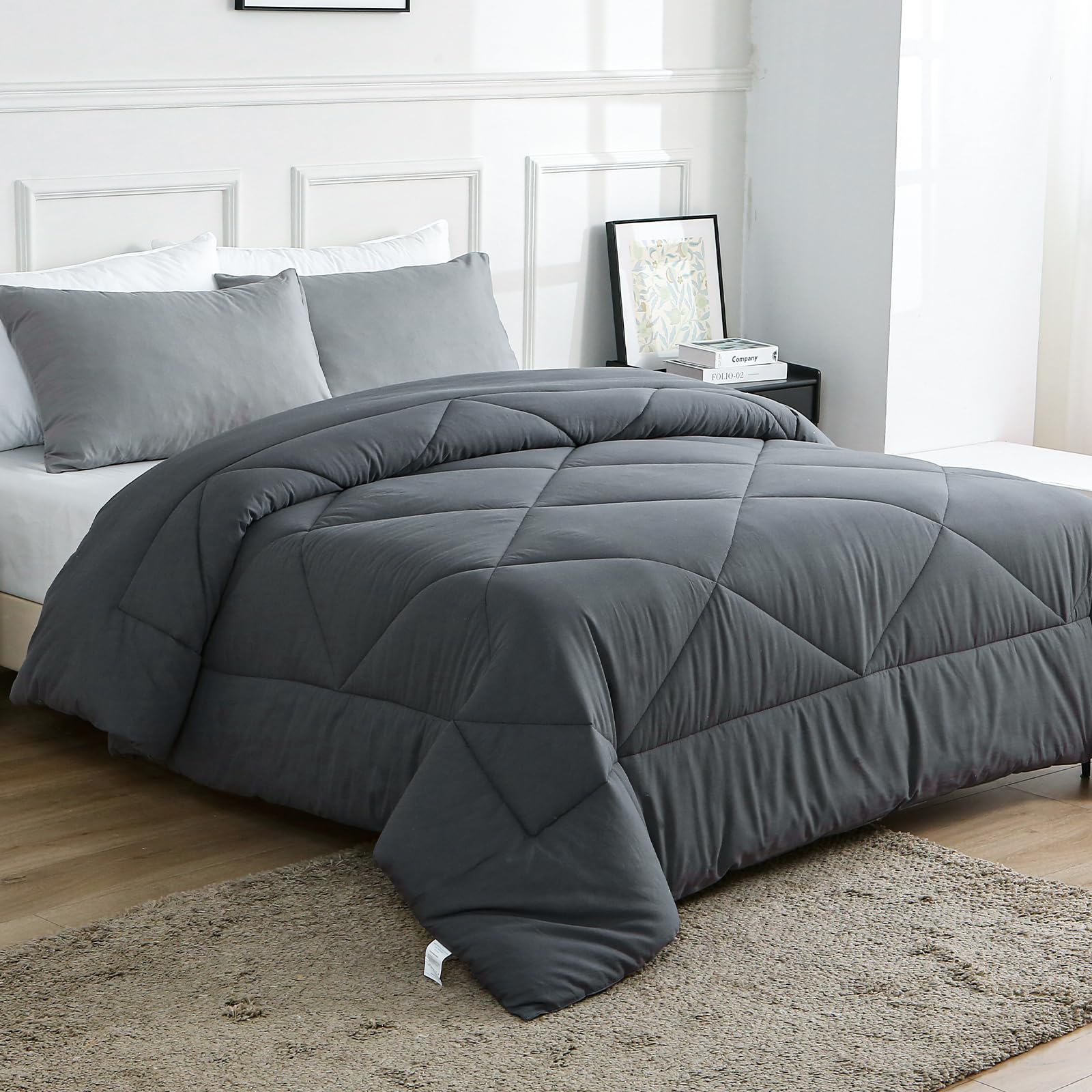 View 1 of 100% Cotton Filled Comforter, Premium Upgraded Cotton Bed Quilt Suitable for All Seasons, Comfortable Soft Noise-Free, Breathable and Fluffy, King, Gray | 100% Cotton, All Seasons, Breathable Fluffy