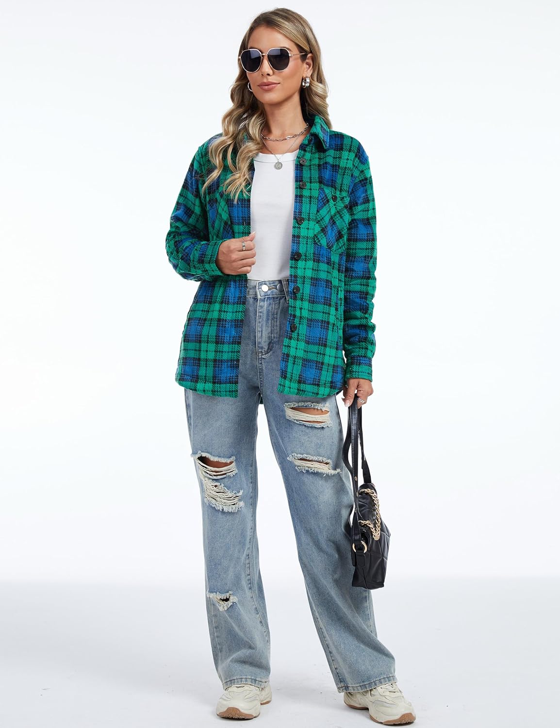 YUCOLEN Women's Sherpa Fleece Lined Plaid Flannel Jacket Warm Button Down Winter Flannel Shirt Jacket Coat with Pockets - Image 7