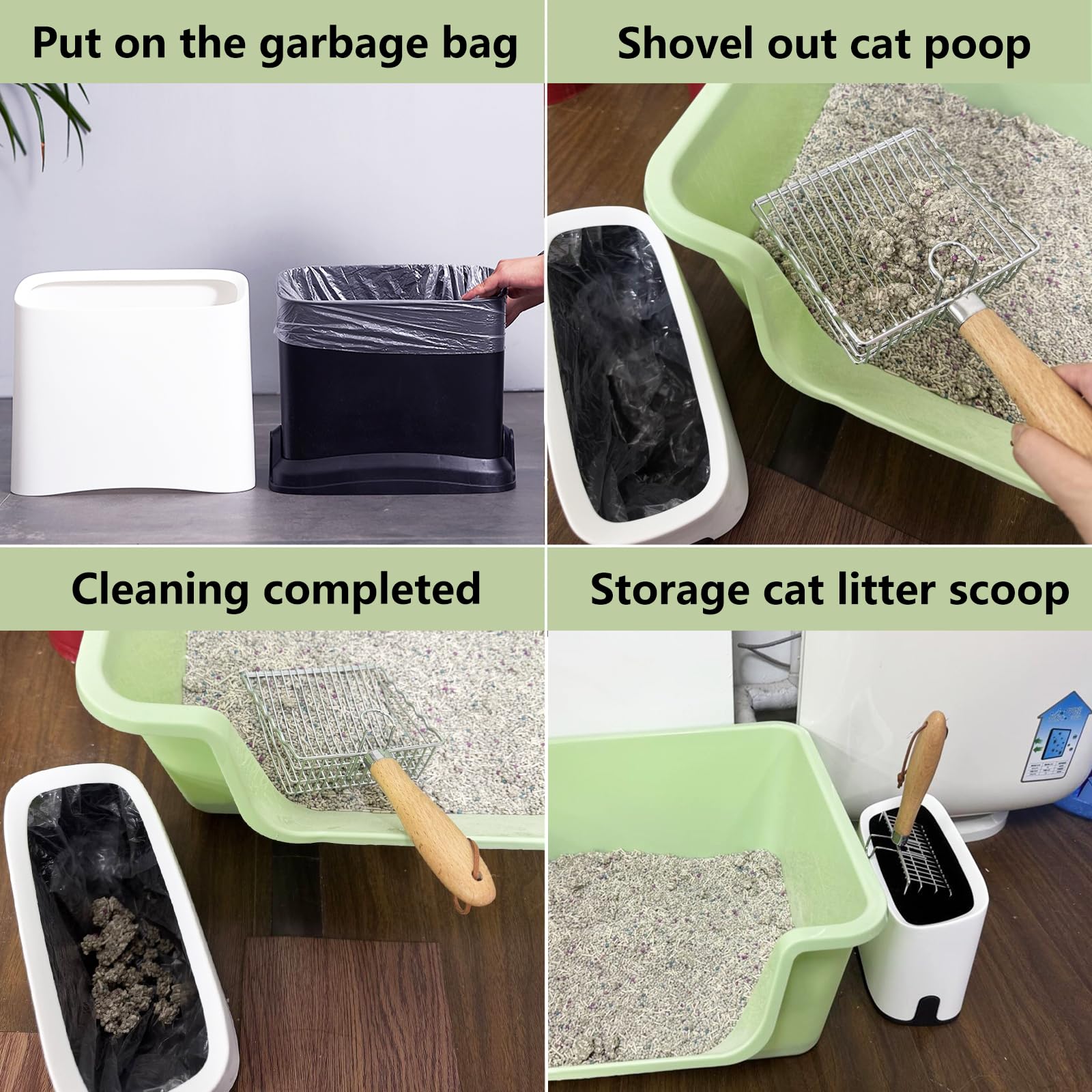 Soporte universal para pala de arena para gatos, almacenamiento universal para cualquier pala de gatitos, soporte extraíble duradero con 2 rollos de bolsas de basura, adecuado para la mayoría de las