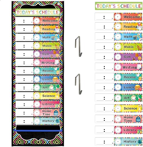 Tabla de bolsillos para horario diario para el aula, pizarra negra, oficina, hogar, profesores, suministros de actividades preescolares, 15
