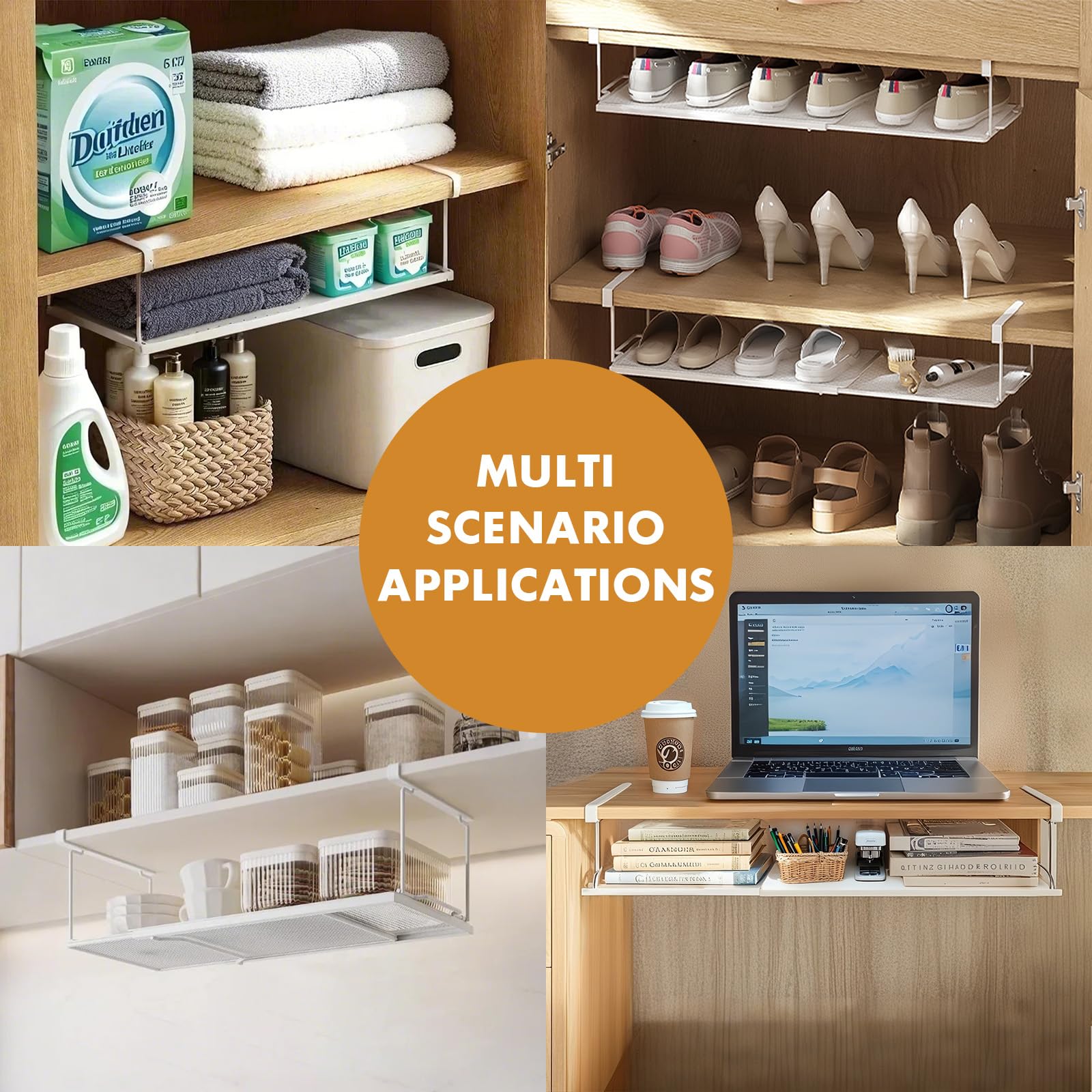 Cestello Sottoripiano Estensibile in Metallo, Organizzatore Sospeso senza Forature per Cucina, Ufficio, Dispensa e Armadio, Standard, Bianco