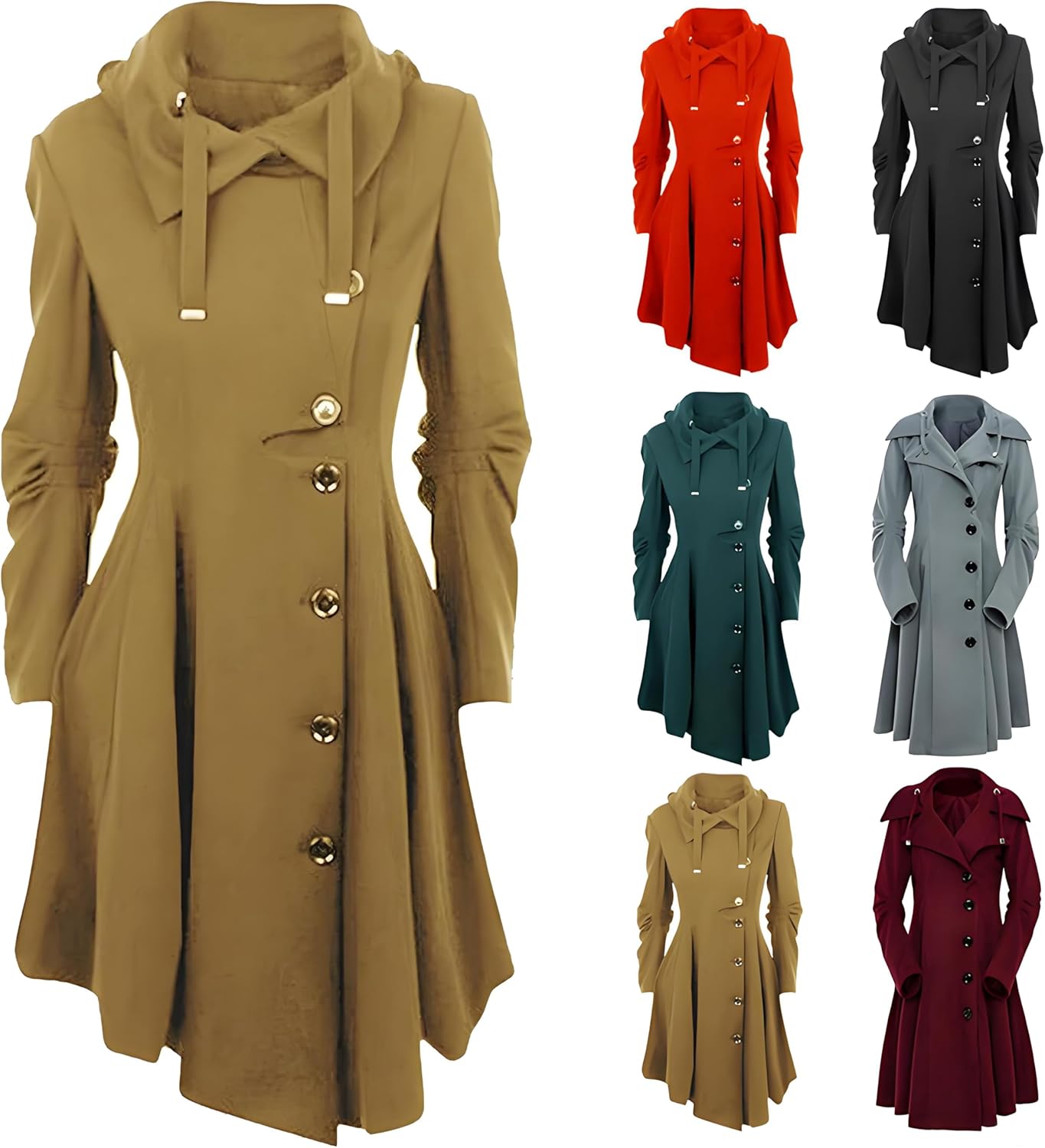 Women's Gothic Hooded Asymmetrical Hem Pea Coats Double Breasted Coat Long Sleeve Button Front Jacket Overcoats