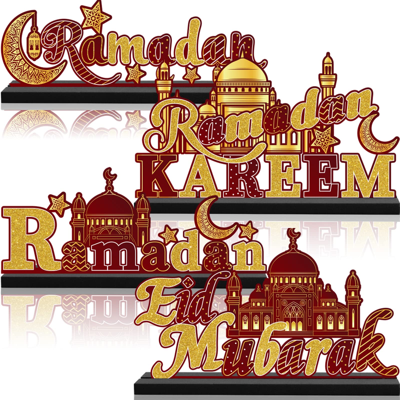 4 Pieces Eid Al-Adha Decoraions Ramadan Mubarak Table Sign Eid Al Adha Wooden Tabletop Decor Happy Ramadan Wood Decor Eid Mubarak Tiered Tray for Ramadan Party Table (Purple Gold)