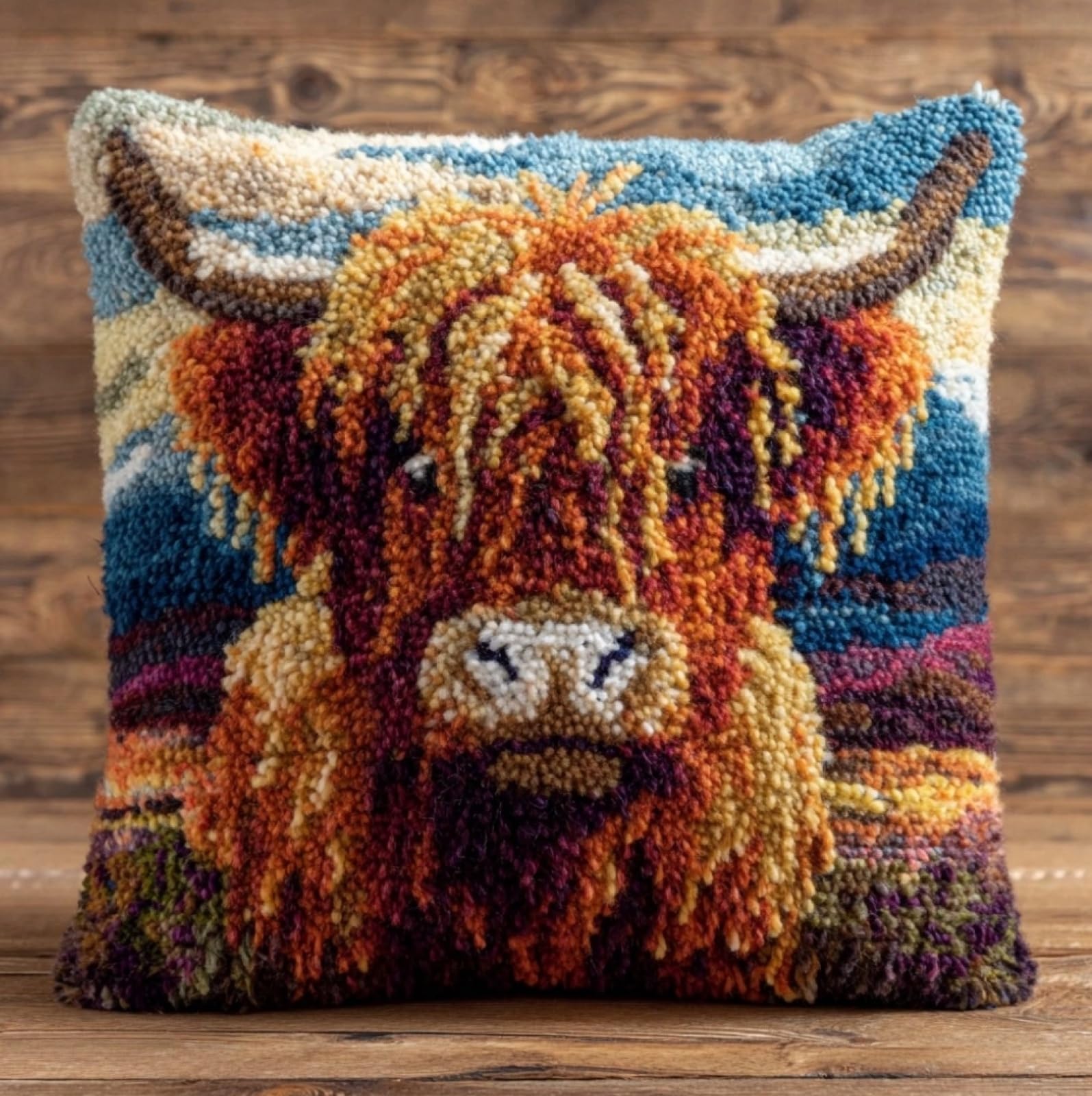 WallustrioaW Latch Hook Cushion Kit DIY 17x17in,Highland Cattle