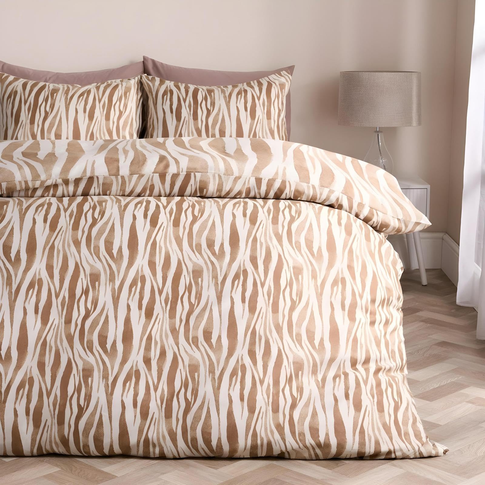 Ohs Zebra Beige Super King Duvet Set, Super Soft Cosy Warm Microfibre Polyester Watercolour Reversible Quilt Cover Set Luxurious Comfy Superking Bedding With Matching Pillowcases,