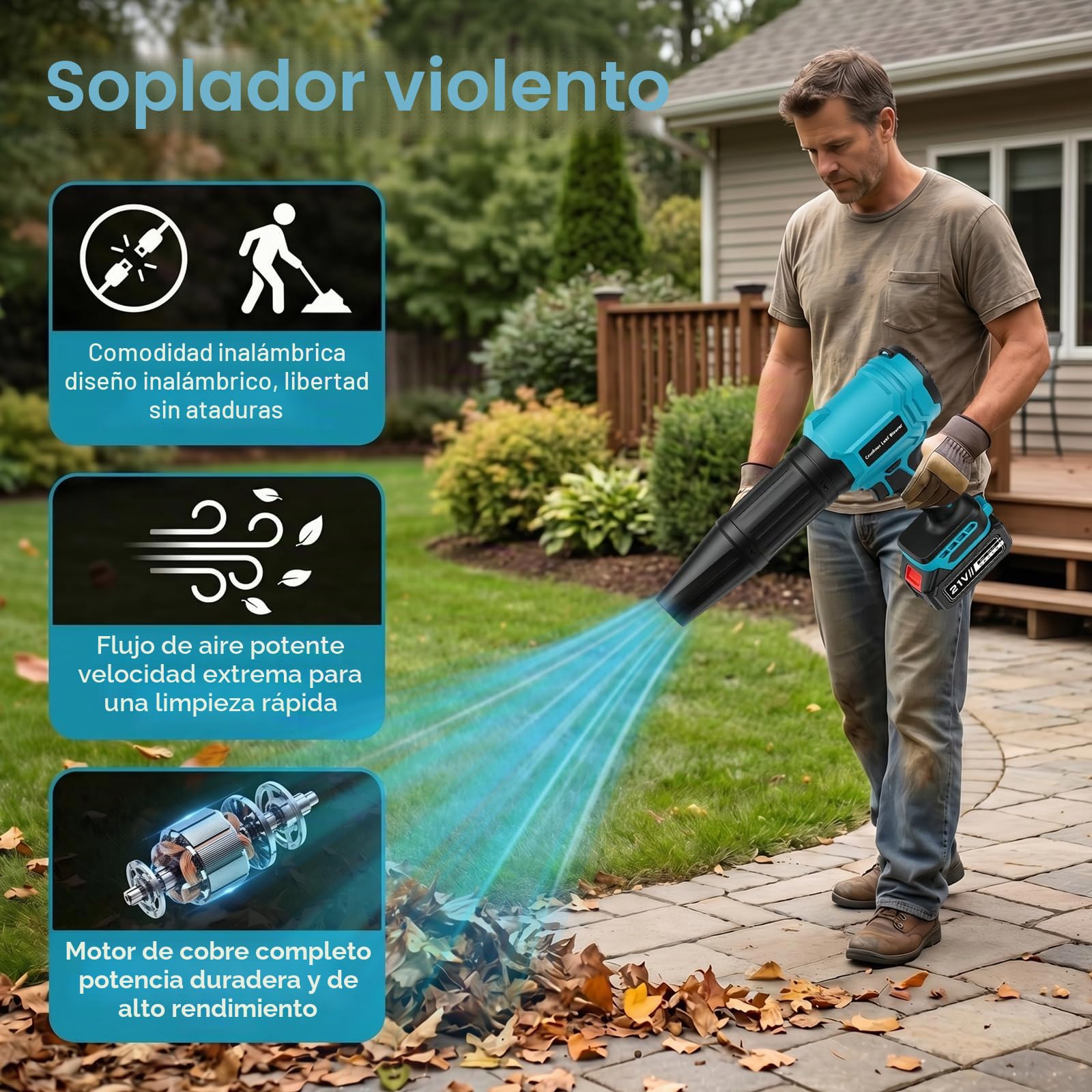 Soplador de Hojas con 2 Batería 4,0Ah, 21V Soplador Batería 800,000 RPM, 65 m/s, Velocidad Regulable, 2 Boquillas y Diseño Ligero para Jardín, Terraza, Patio y Coche (Azul)