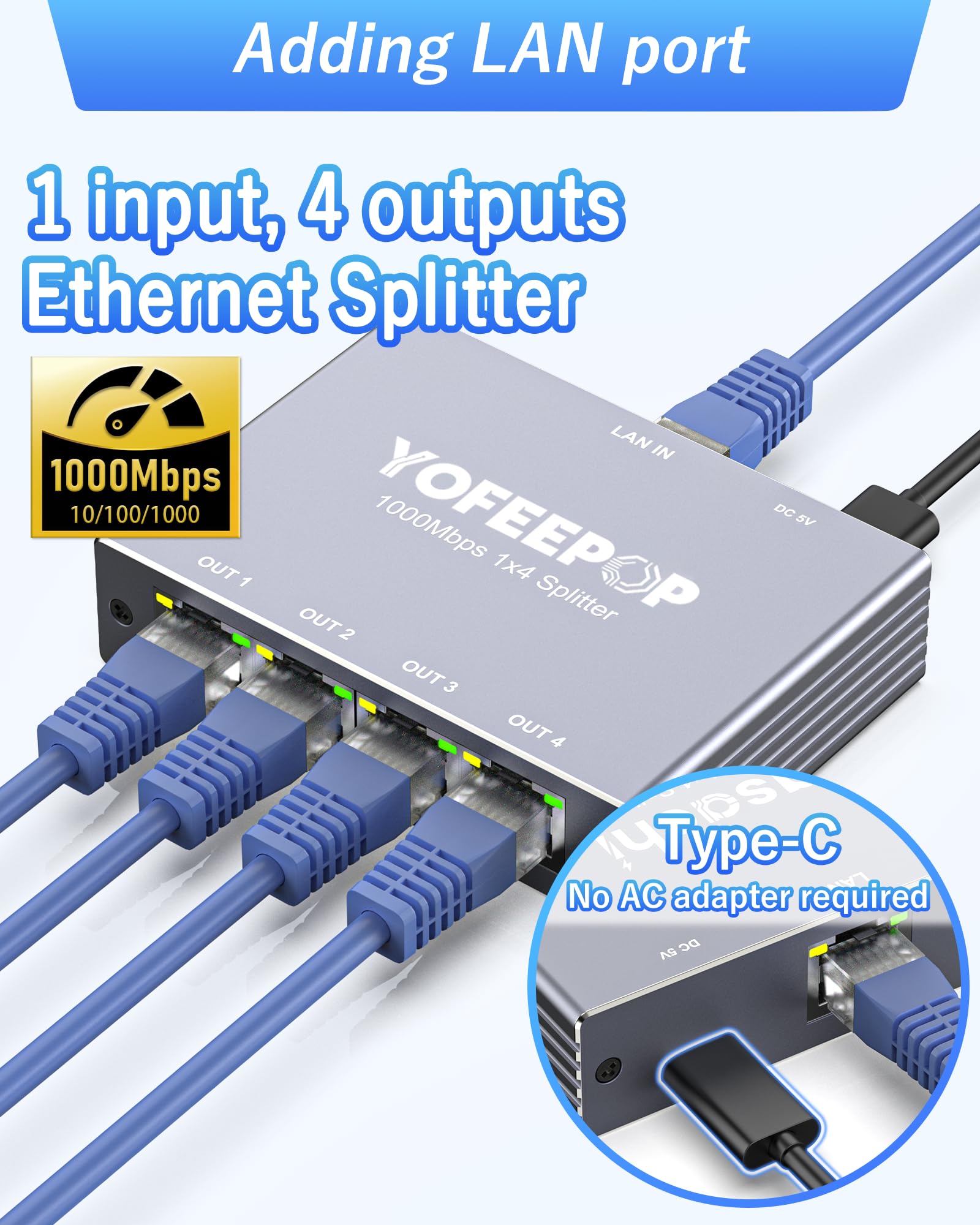 Ethernet Splitter 1 to 4, Gigabit Network Switch, 1000Mbps High-Speed RJ45 Internet Splitter with USB-C Power Cable for PC/Laptop, PS5, Xbox, Router, TV - 3