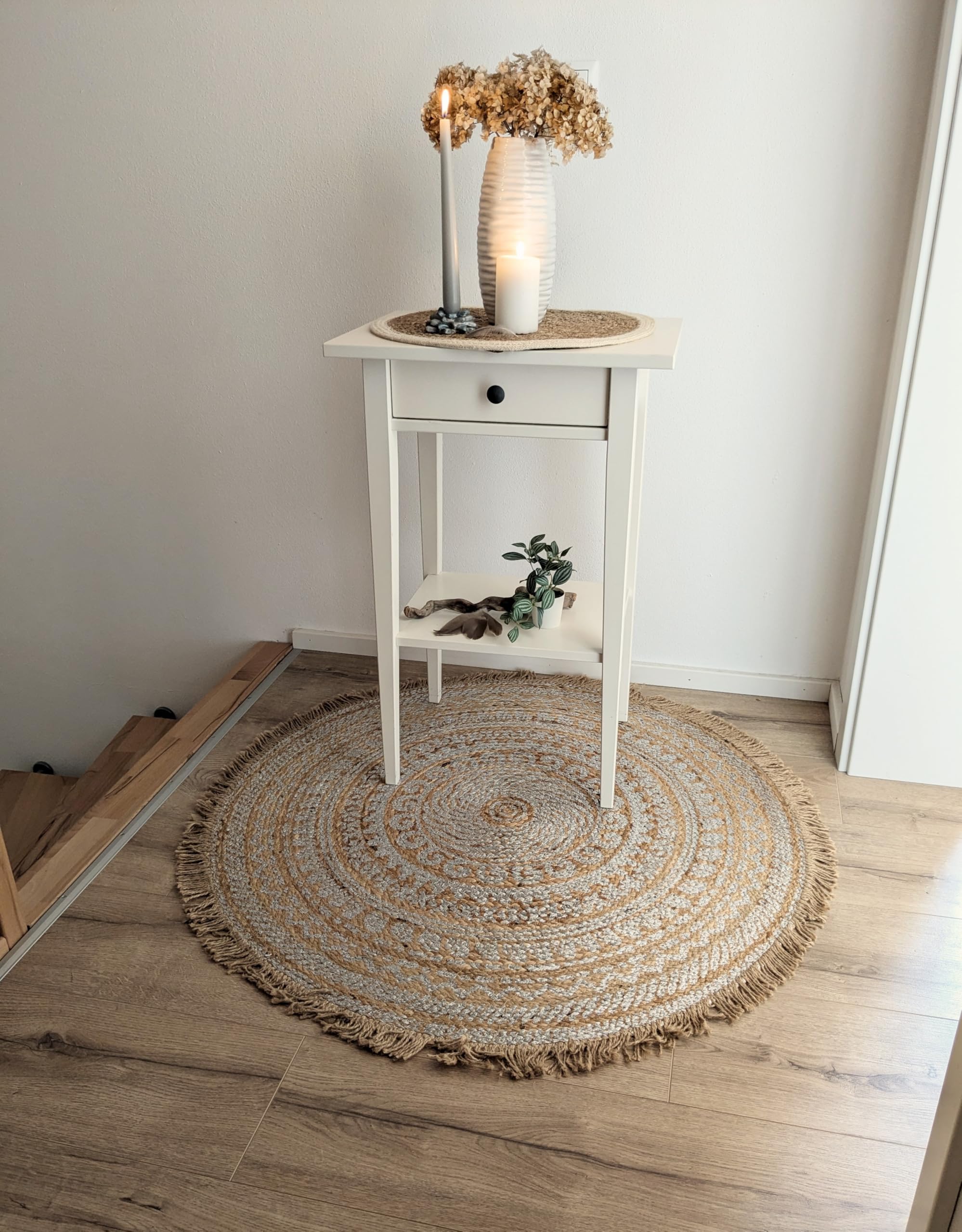 Teppich rund Wohnzimmer Juteteppich Boho 90 cm rutschfest Beige (Grau)