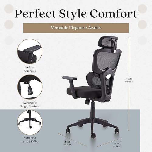Miniatura 3 de JOMEED Silla giratoria de malla con respaldo tapizado alto, altura ajustable, reposabrazos, asiento rodante con soporte lumbar y para la cabeza para