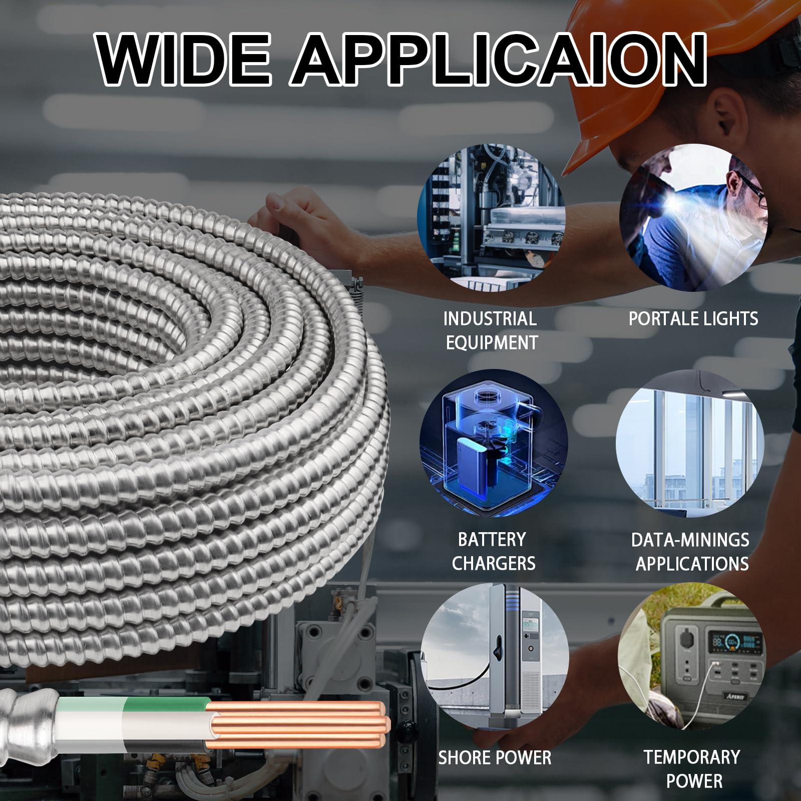 Câble électrique 6/2 plaqué métal (MC) avec mise à la terre de 3 m, fil électrique de calibre 6 avec armure en aluminium, conducteurs en cuivre nu solide pour installation souterraine intérieure ou