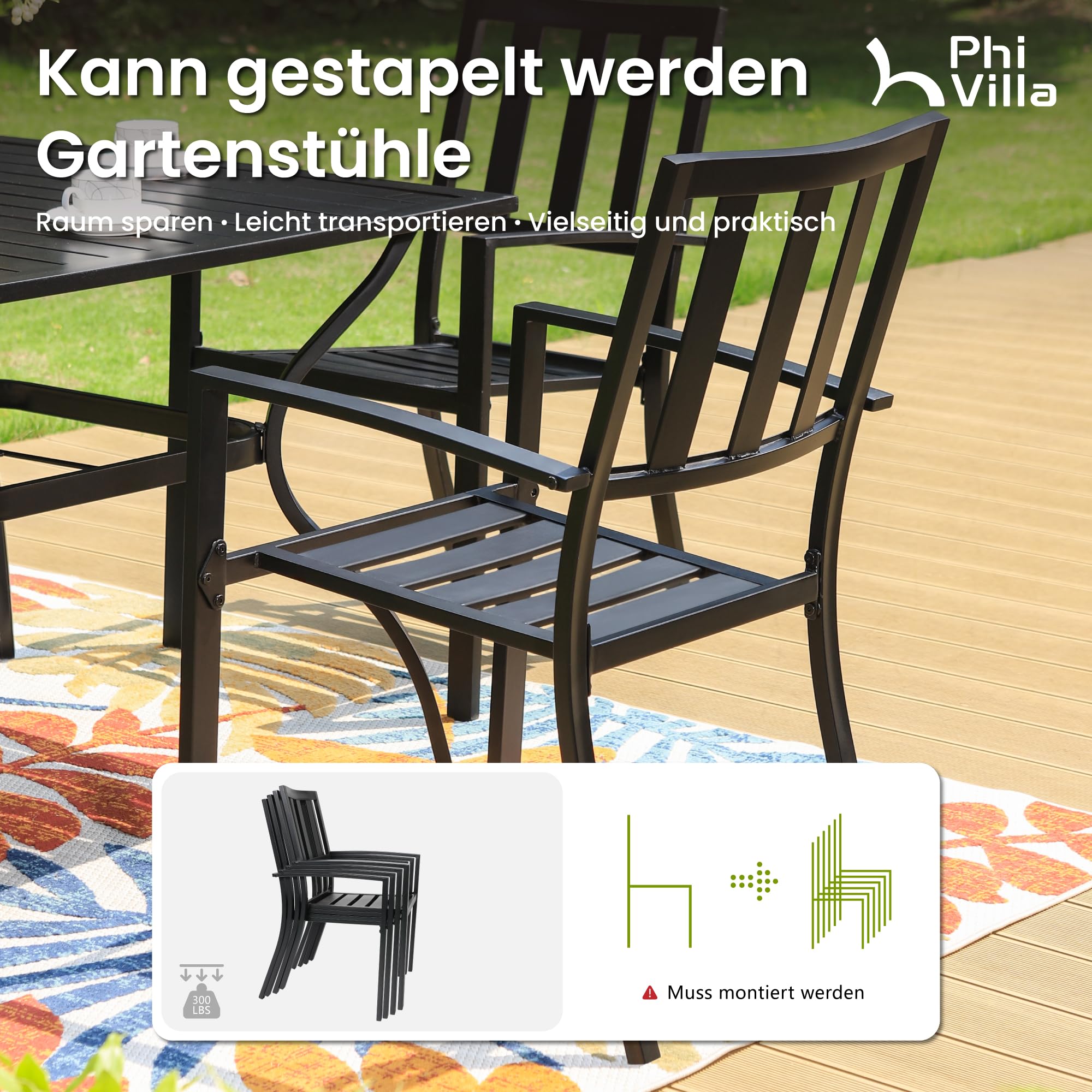 PHI VILLA Gartenmöbel Set mit Gartentisch und Stühle 4er Set Metall Terrassen Outdoor Bistro Garten Möbel Sets Wetterfest Garten Sitzgruppe Stapelbare Stühle Sparen Platz