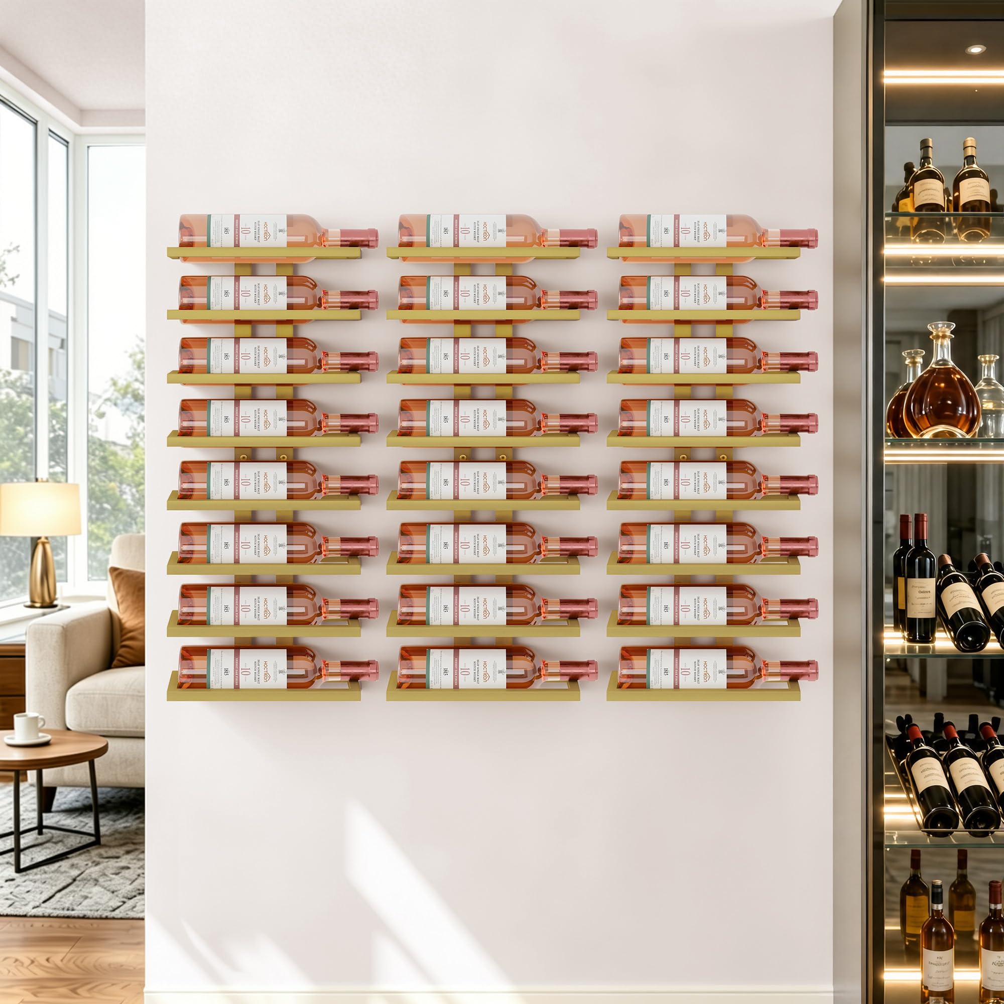 Hoctieon 3-Set 8 Tier Wall Mount Wine Rack (24 Tiers), Wall Racks for Wine Bottles Display and Storage, Hanging Bottle Organizer for Living Room, Kitchen, Wine Cellar, Bar, Gold