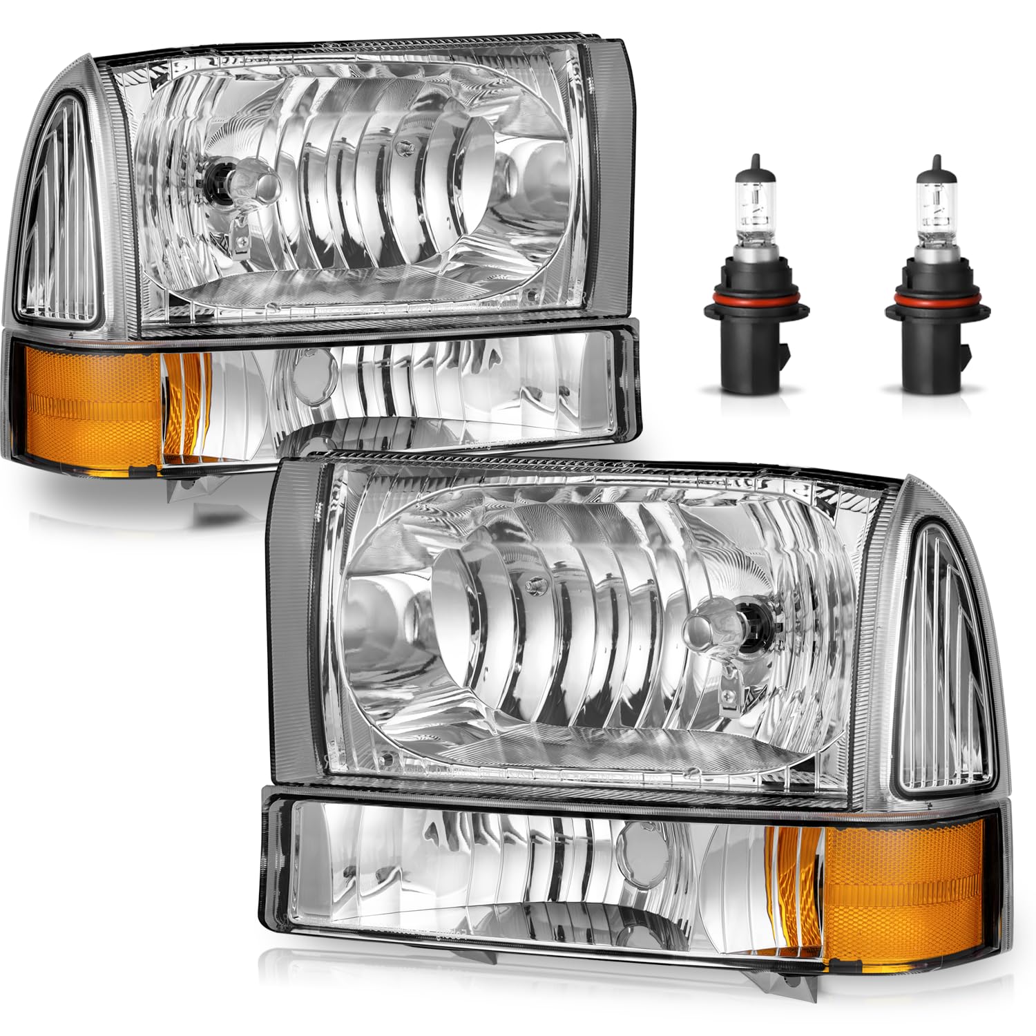 Headlights for 1999-2004 Ford Super Duty F250 F350 F450 F550 Chrome - With H/L Beam Bulbs OE Replacement