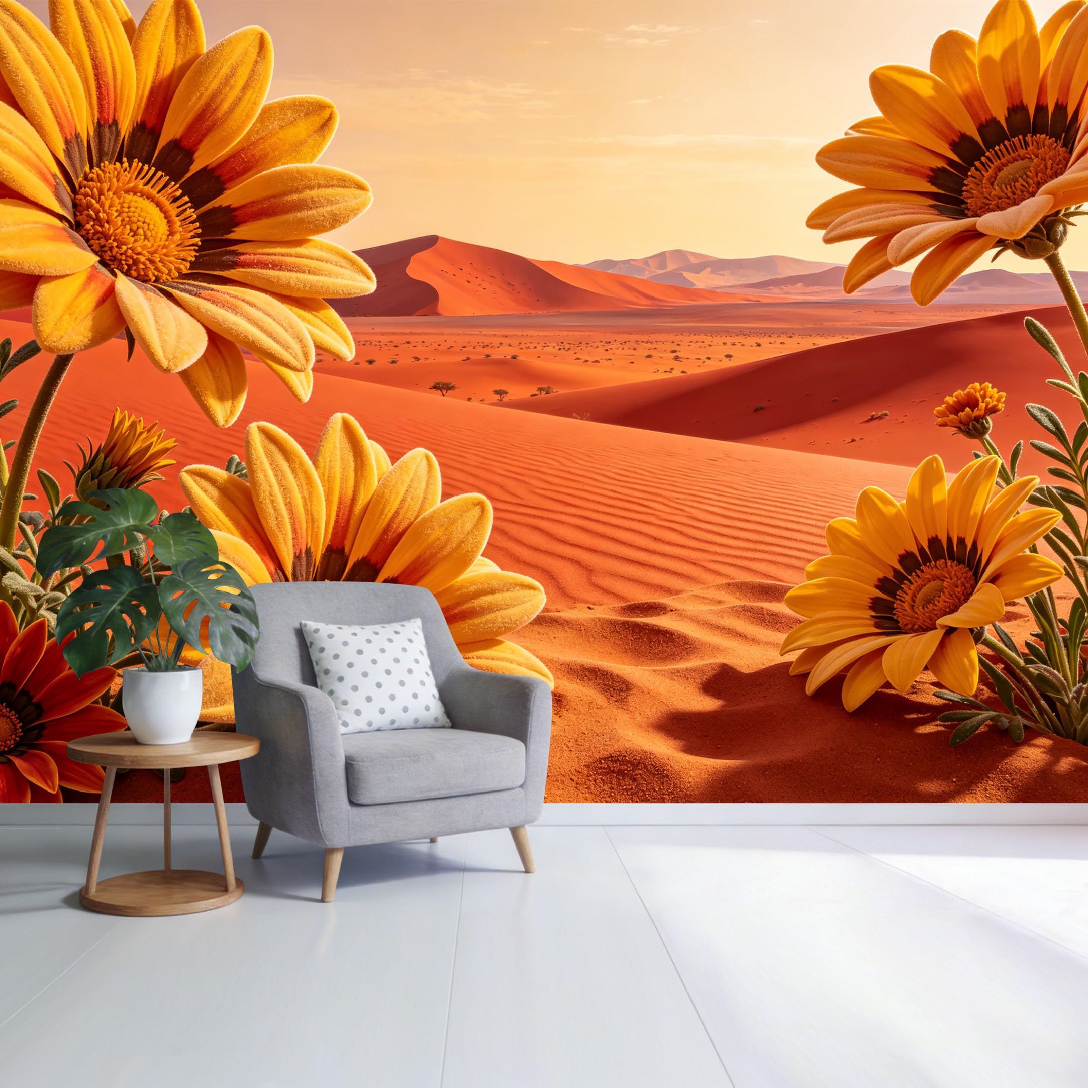 Custom Size Wall Mural Desert Landscape Yellow Daisy Flower Sand Dune Sunset Botanical Natural Scene SelfAdhesive Wall Fabric Removable Wallpaper for Home Office Decor