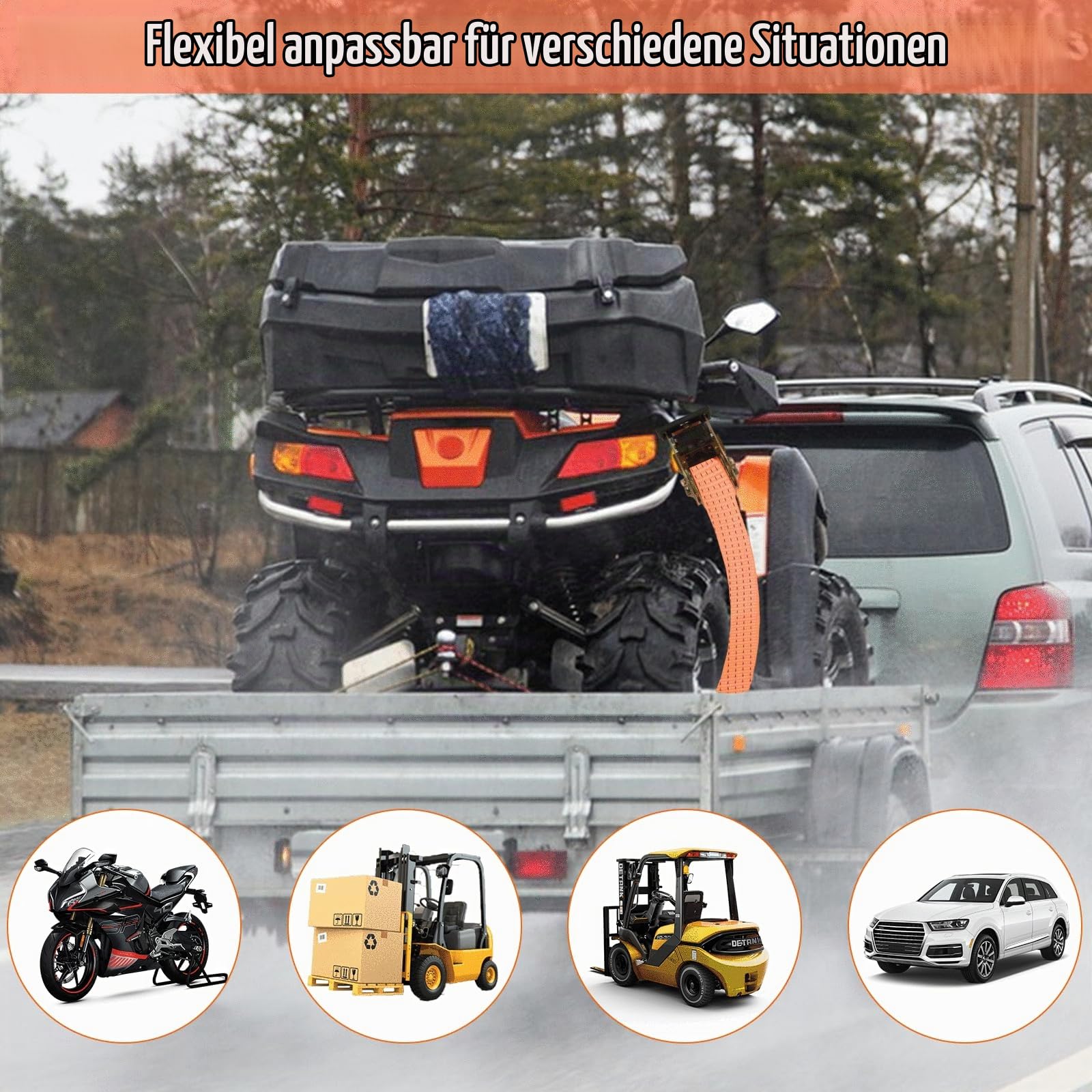 4 Stück Spanngurt 3000 kg Mit Ratsche und Haken, 50mm x 6m, Zurrgurt Orange für Anhänger, Motorrad, Auto, Waren