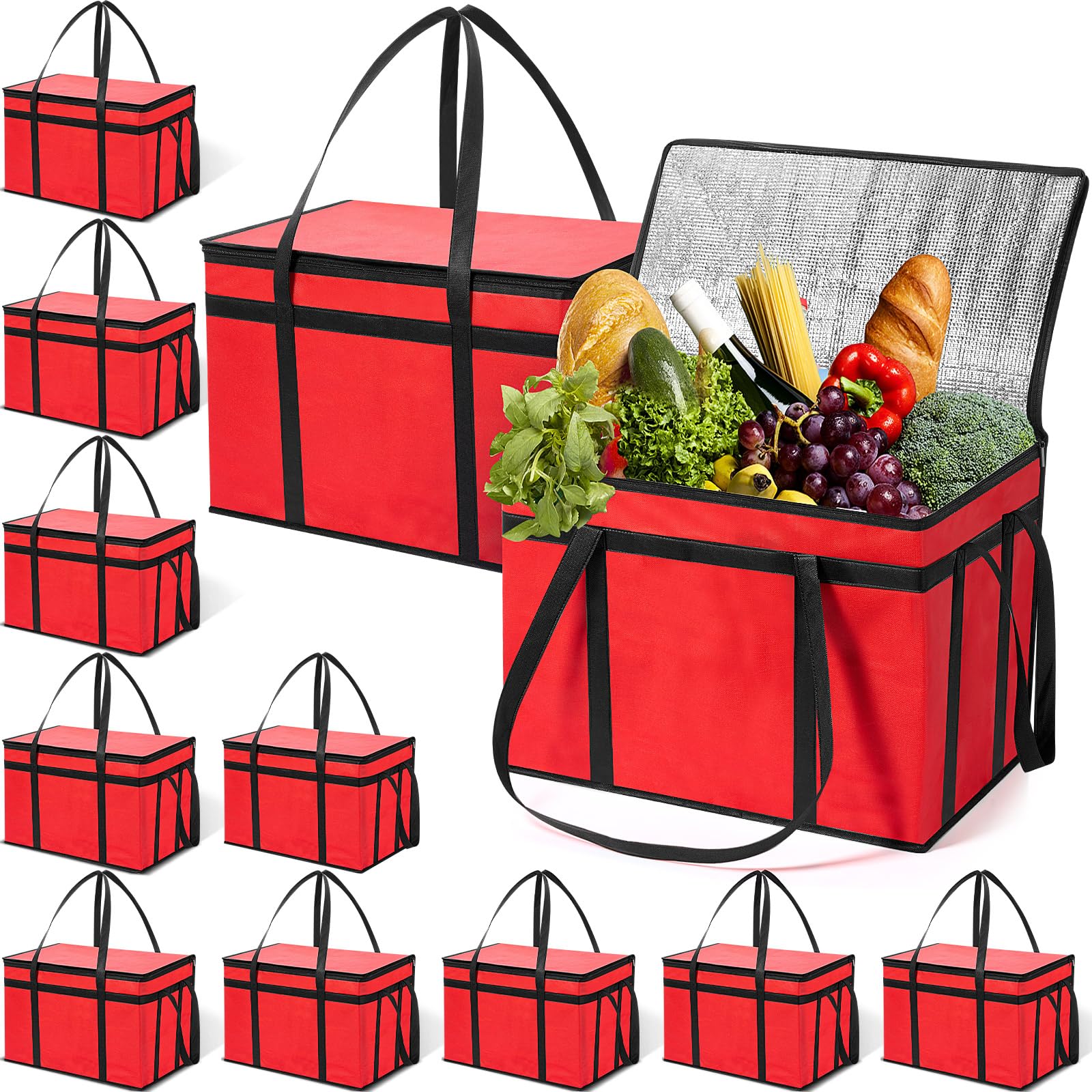 Dansydaisy 10 Pcs Insulated Food Delivery Bags XXXL Pizza Delivery Catering Bags Large Capacity Cooler Carrier with Handle for Hot and Cold Food Grocery Travel Lunch Shopping, Red