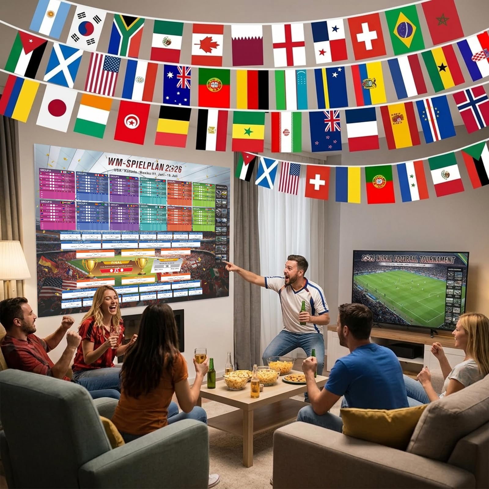 Calendario dei mondiali 2026, articolo per tifosi, set da 49 pezzi con bandierine lunghe 15 m con 48 bandiere nazionali e poster da parete da 70 x 100 cm, decorazione per eventi di calcio