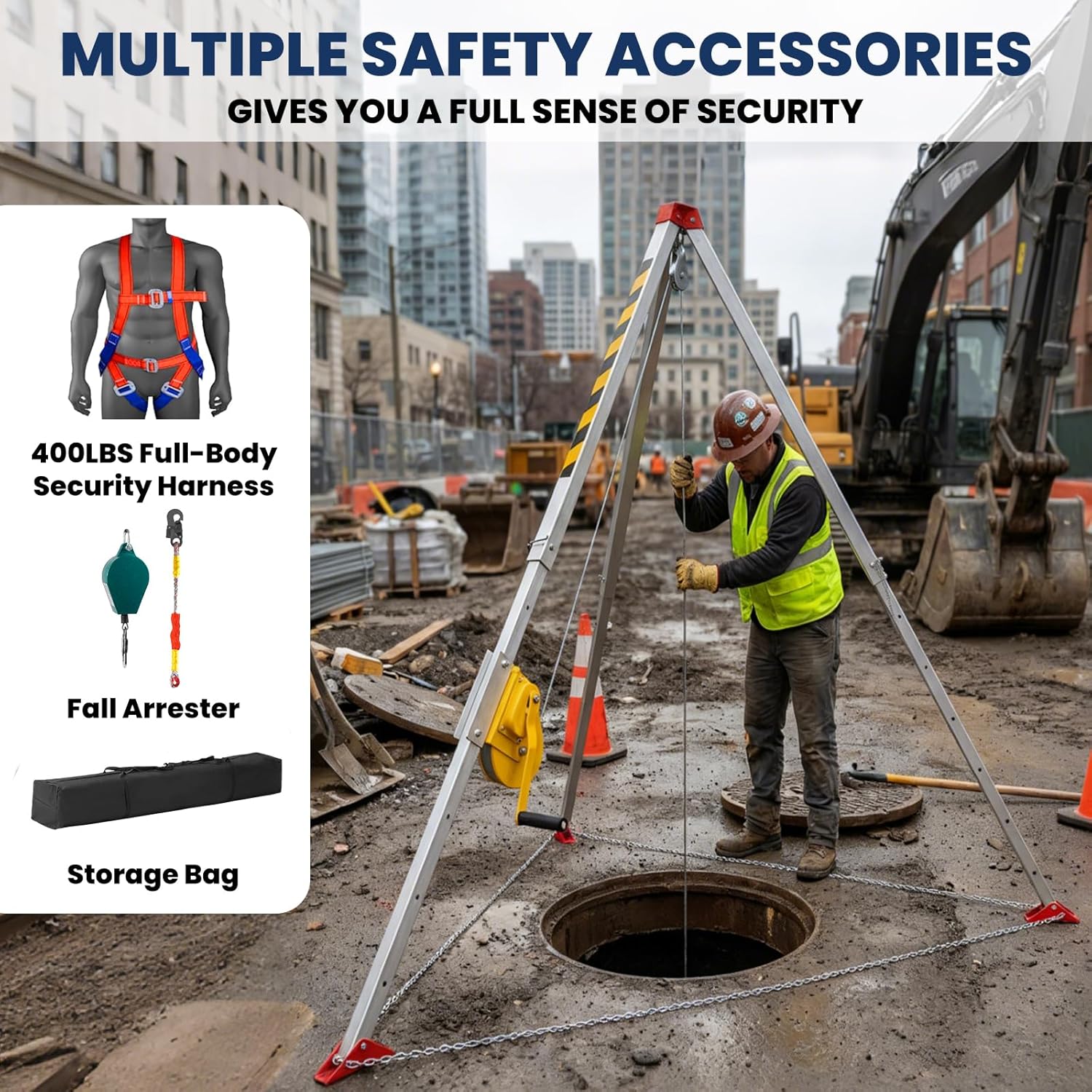 Confined Space Tripod Kit, 2200 Lbs Winch, Adjustable 7' Legs & 98' Cable, Steel Confined Space Rescue Tripod with 33' Fall Protection/Harness/8' Protection Chain for Confined Spaces Safety