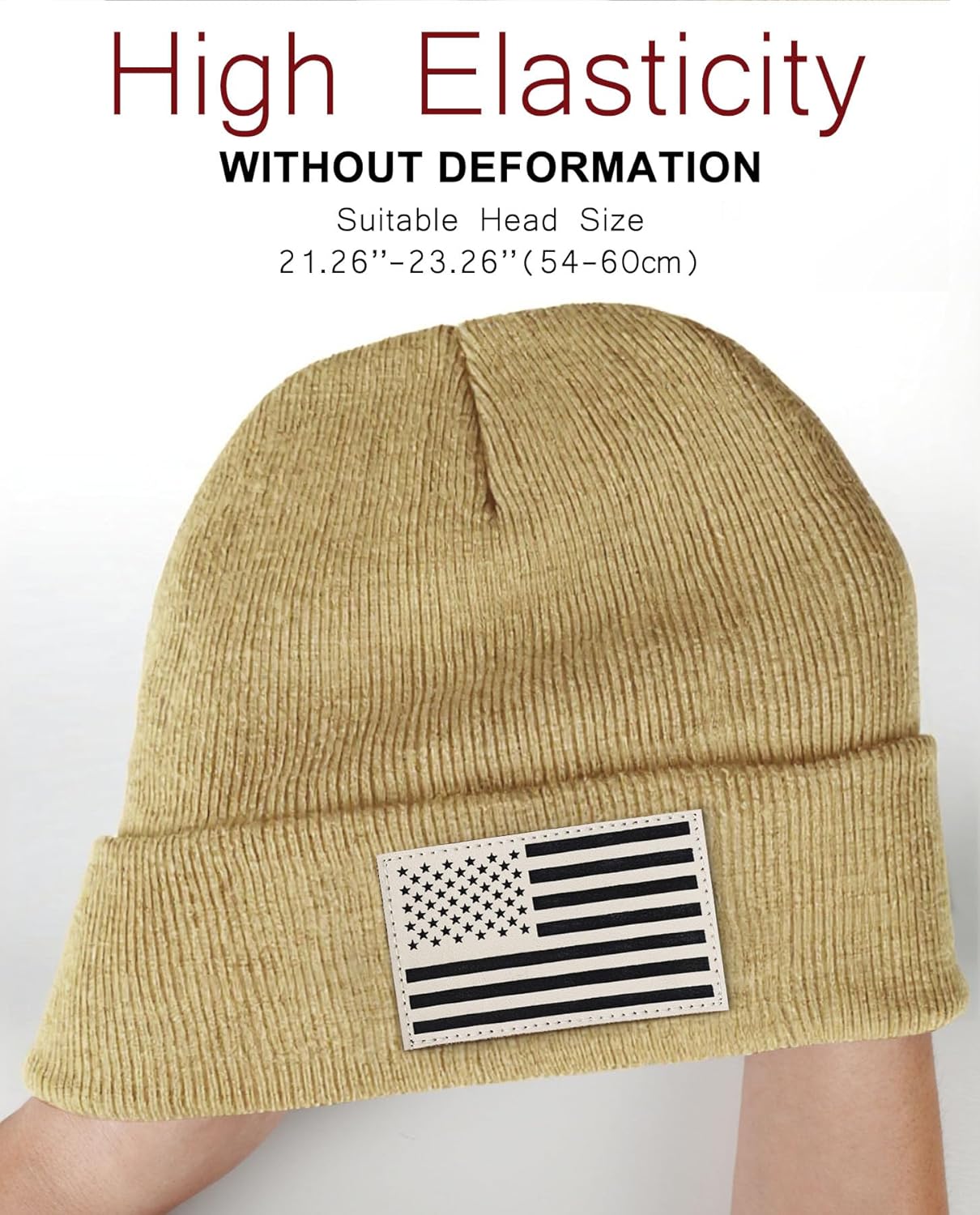 American Flag Beanie for Men Women - Leather USA Flag Patch, Cuffed Beanie for Tactical Winter Warm Hat - Image 3