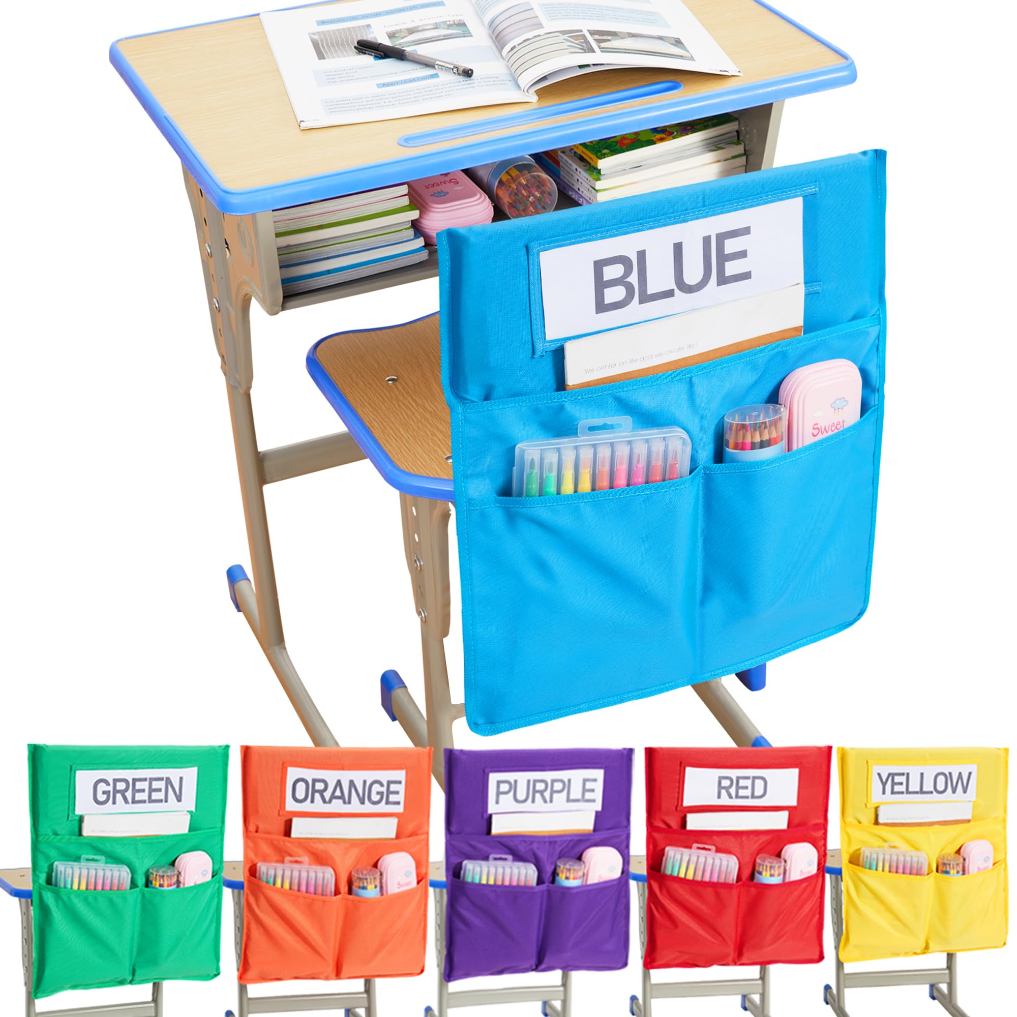 moopok 1/18 Pack Chair Pockets for Classrooms K-2 Chairback Buddy Pocket Chart with 3 Pockets and 1 Student Name Tag, Chair Bags Classroom Student