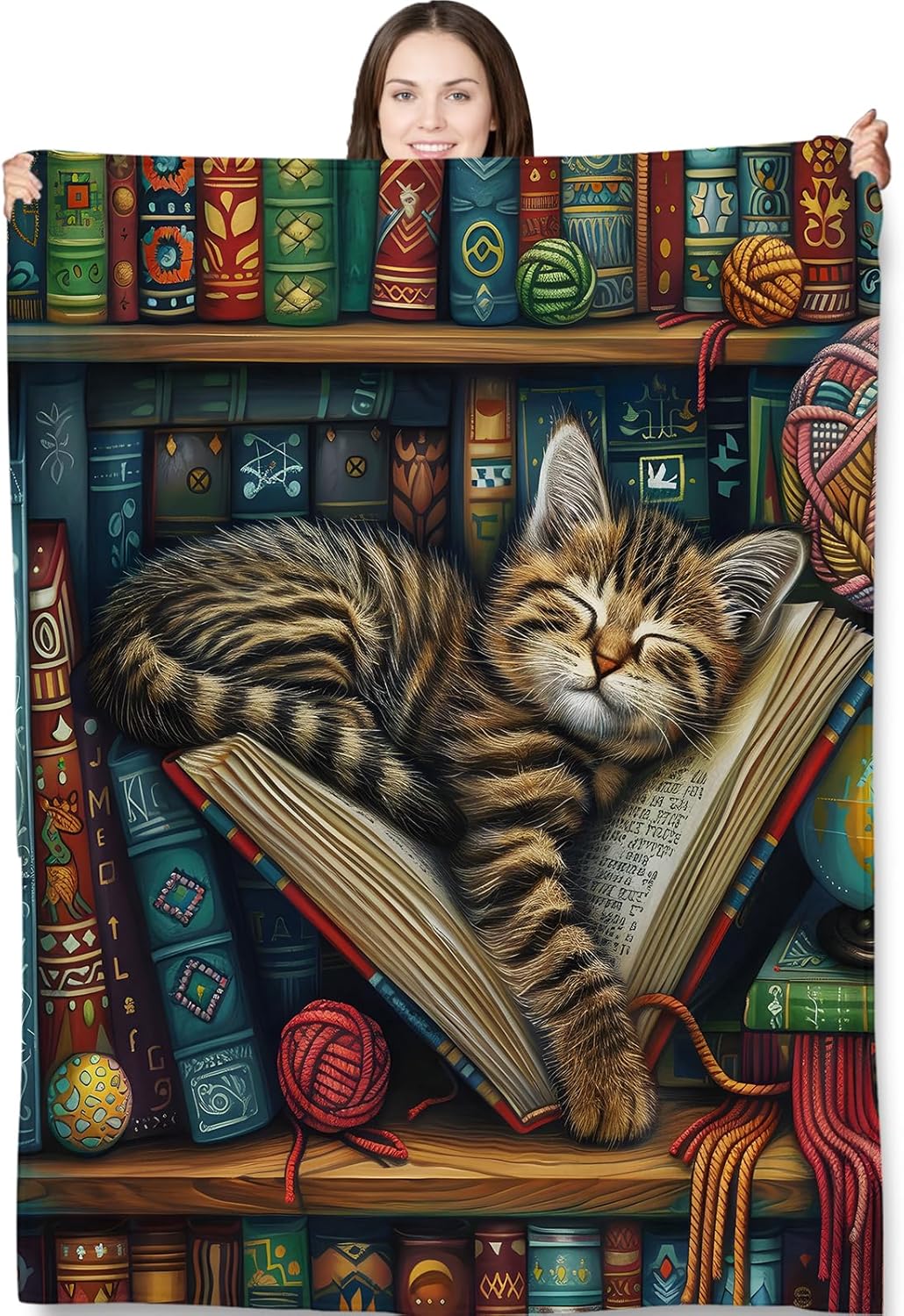 Tabby Cat in Bookshelf Throw Blanket for Adults Kids, 60x80 in, Kitten Theme Flannel Blankets for Bedroom, Couch, Travel, Home Decor, Fuzzy Soft Cozy Warm Gifts