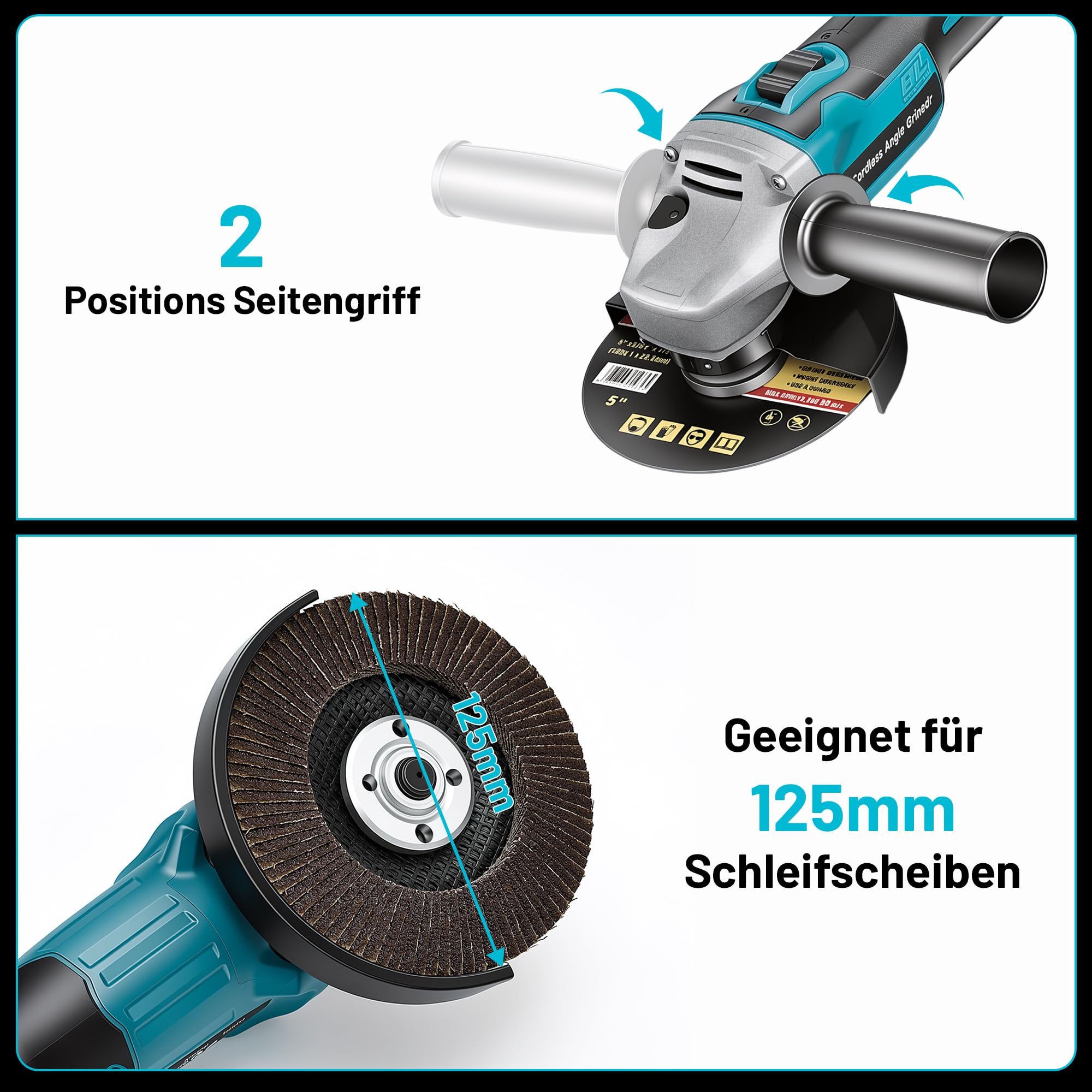YEARTOP Akku Winkelschleifer Ø 125mm Kompatibel mit Makita 18V Akku | für Holz Metall Trennen und Schleifen, Bürstenloser Motor 3 Stufen Regelbar 9000 U/min Akku Flex mit 2x 3.0Ah Akkus